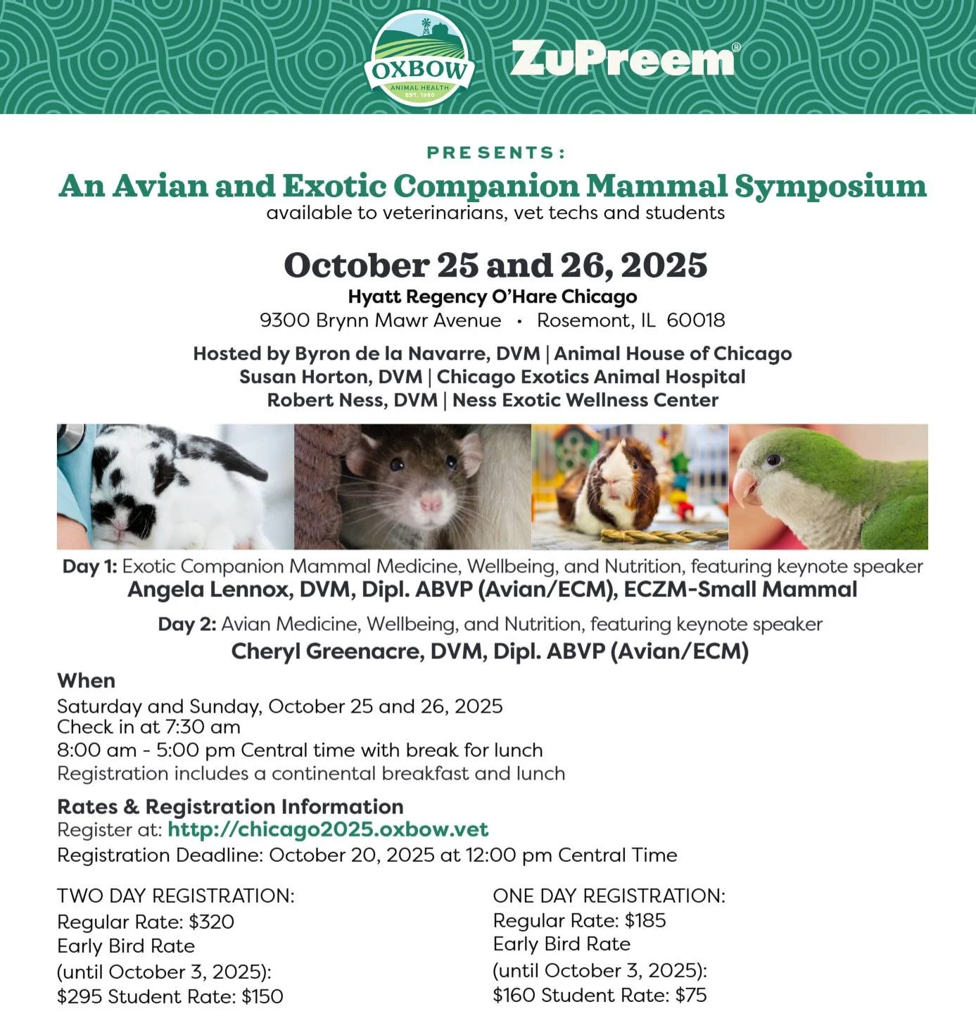 Are you interested in learning more about Avian and Exotic Companion Mammal medicine?
Later this month, Dr. Lennox will be teaching in Chicago alongside Dr. Cheryl Greenacre, recipient of the Oxbow Practitioner of the Year Award!
If you know a DVM, t