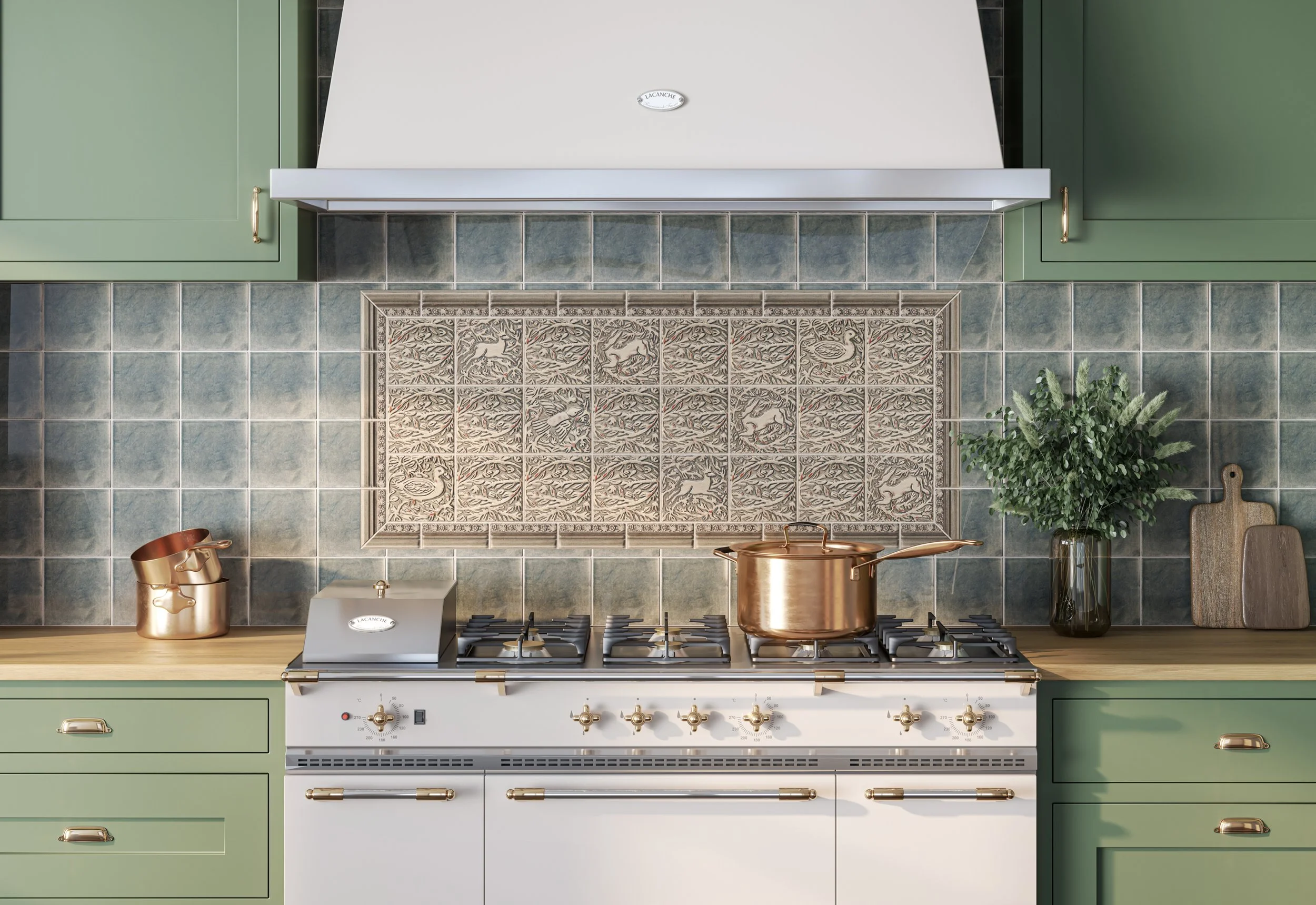 Kitchen Backsplash-6x6 Handmade Tile-Animal Tiles-Deer, Rabbit, Branches, Bird, Duck-Buttermilk and Grey Green-60 inch range panel or stove panel-Kitchen tile interior copy.jpg