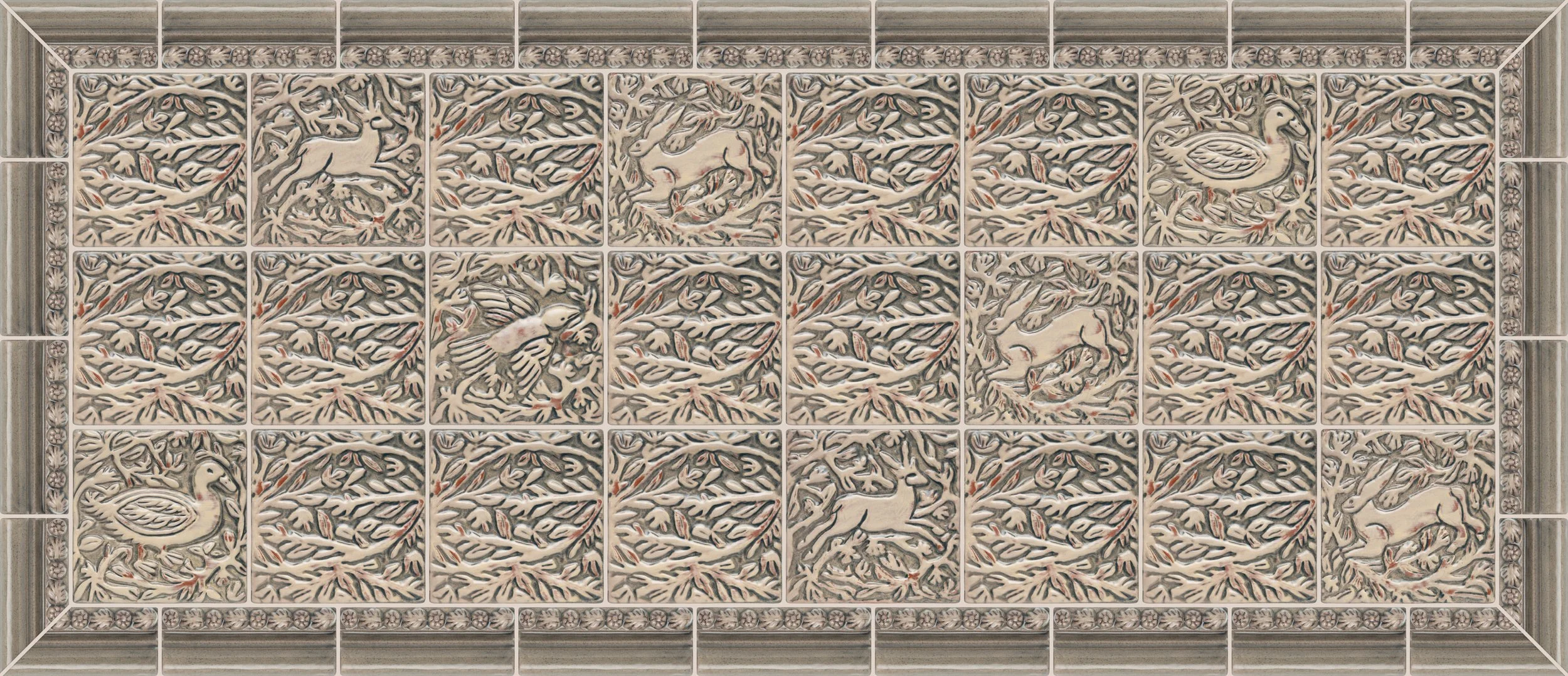 Animal handmade tile-kitchen backsplash-6x6 ceramic handmade Animal Tiles-Deer, Rabbit, Branches, Bird, Duck-Buttermilk and Grey Green 1.jpg