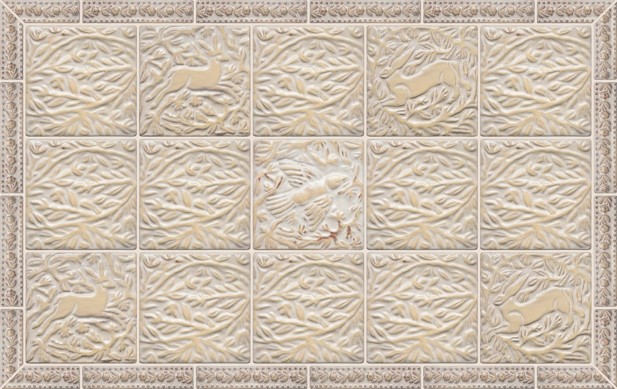 Animal handmade tile-kitchen backsplash-6x6 ceramic handmade Animal Tiles-Deer, Rabbit, Branches, Bird, Duck, Goat-Buttermilk and Antique White 1 .jpg