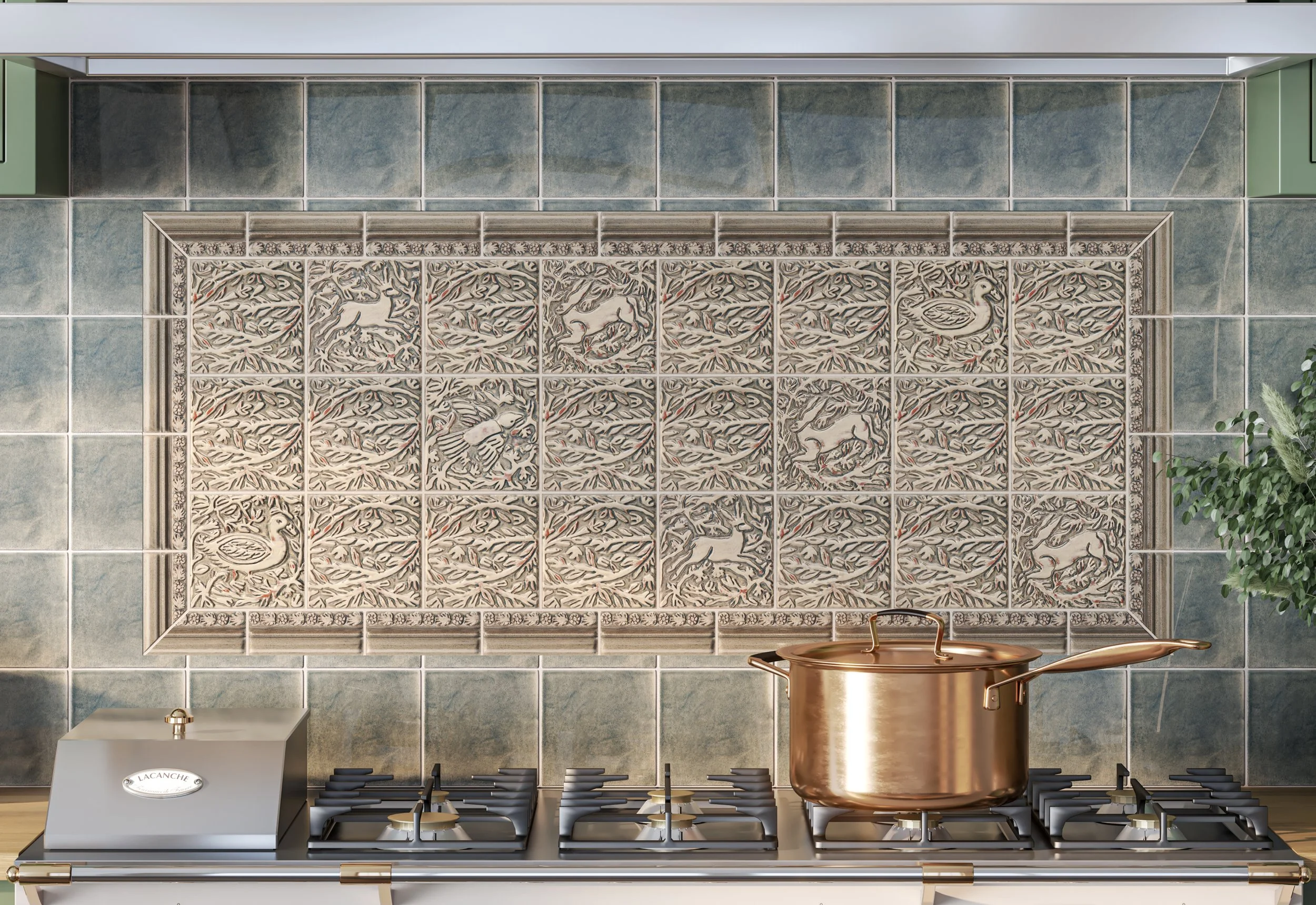 Kitchen Backsplash-6x6 Handmade Tile-Animal Tiles-Deer, Rabbit, Branches, Bird, Duck-Buttermilk and Grey Green-60 inch range panel or stove panel-Kitchen tile interior copy 4.jpg