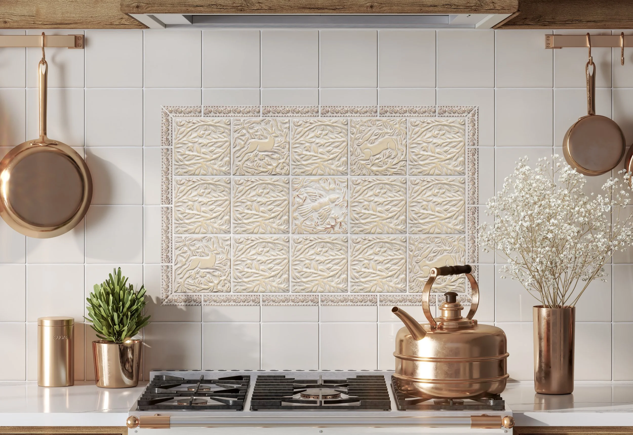 36"-Kitchen Backsplash-6x6 Handmade Tile-Animal Tiles-Deer, Rabbit, Branches, Bird, Duck, Goat-Buttermilk and Antique White-36 inch range panel or stove panel #2-kitchen tile interior copy 3.jpg