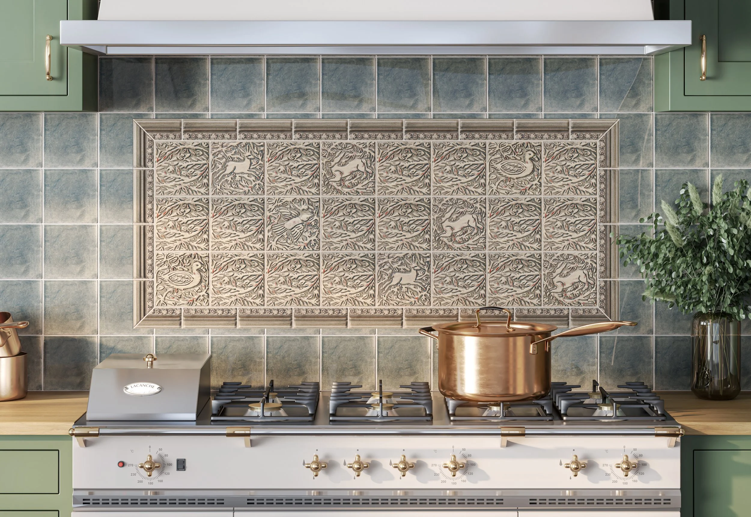 Kitchen Backsplash-6x6 Handmade Tile-Animal Tiles-Deer, Rabbit, Branches, Bird, Duck-Buttermilk and Grey Green-60 inch range panel or stove panel-Kitchen tile interior copy 3.jpg