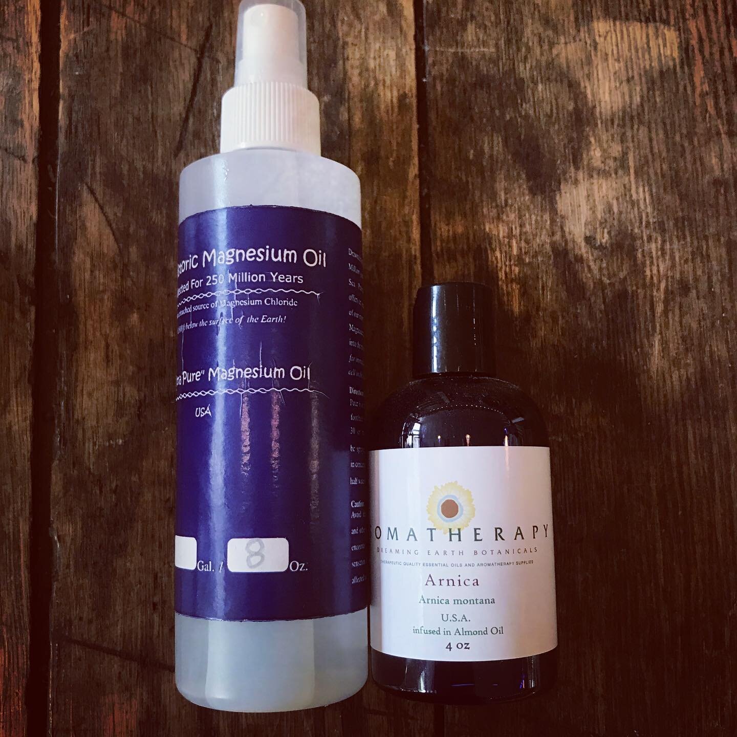 Magnesium is beneficial for your bones, muscles, heart, brain and much more. The magnesium spray is absorbed transdermally. We use it frequently for tight or sore muscles, feet etc. Arnica is a natural pain reliever and anti inflammatory. We often co