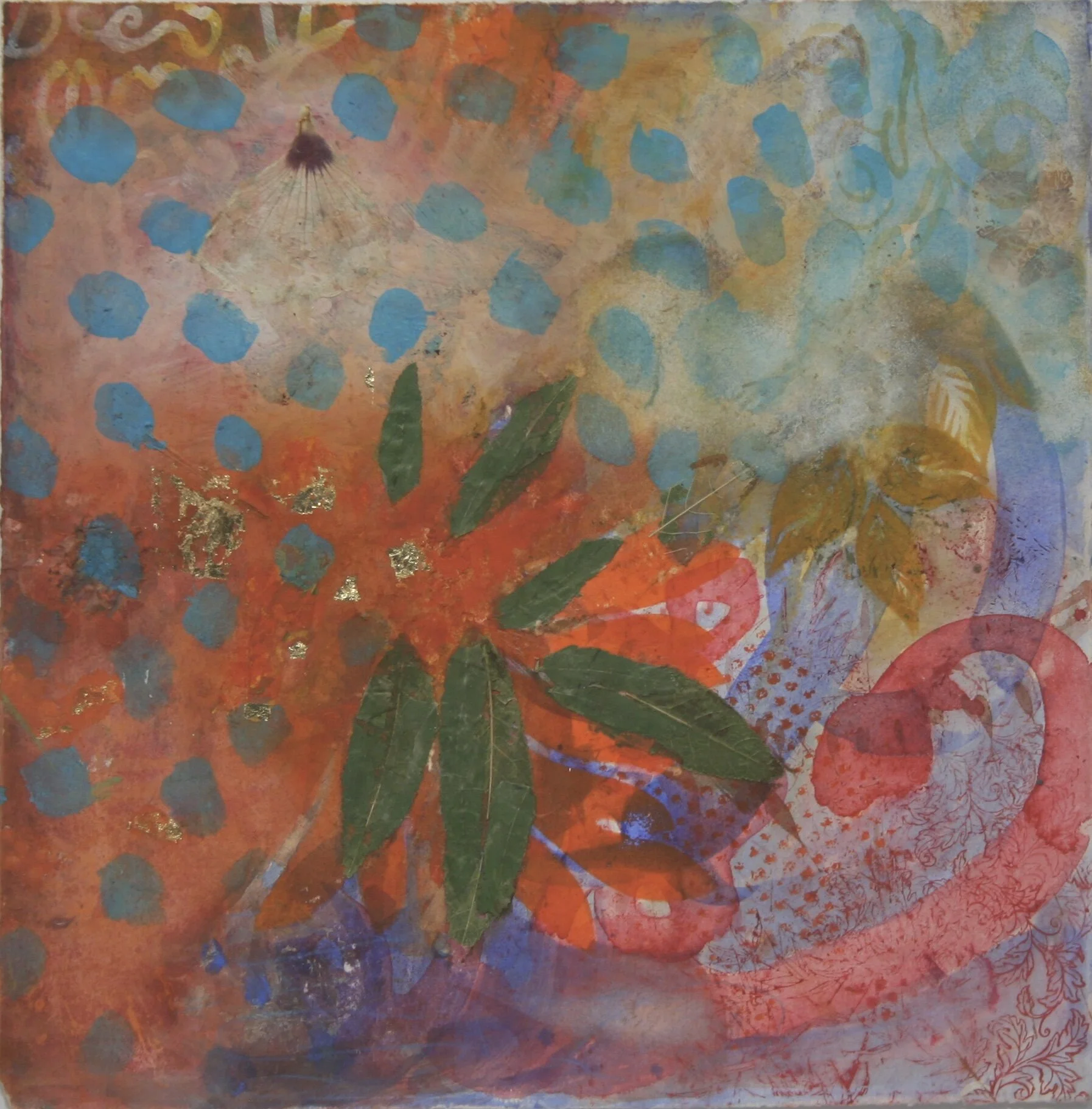  Field/Forest #9, 2017, watercolor, crayon, metal leaf and dried plants, 12” x 12” (available) 