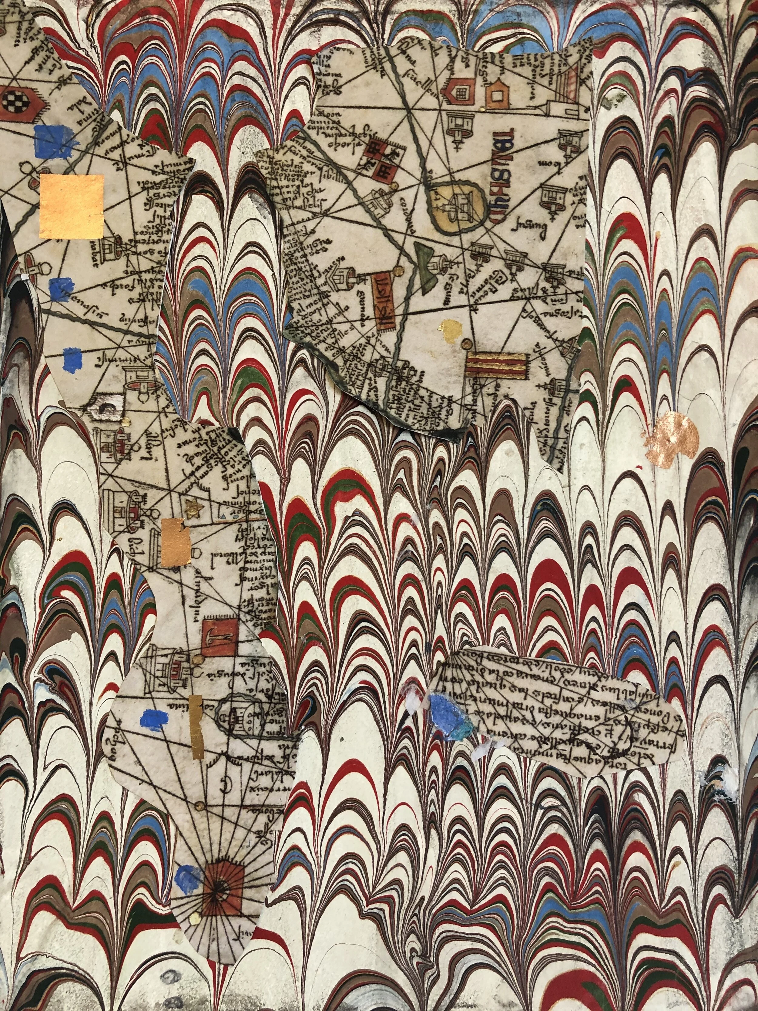   Faithful Compass Series #1 : Marbled paper, metal leaf, collage, watercolor, 2020, 11” x 8.5”  (private collection) 