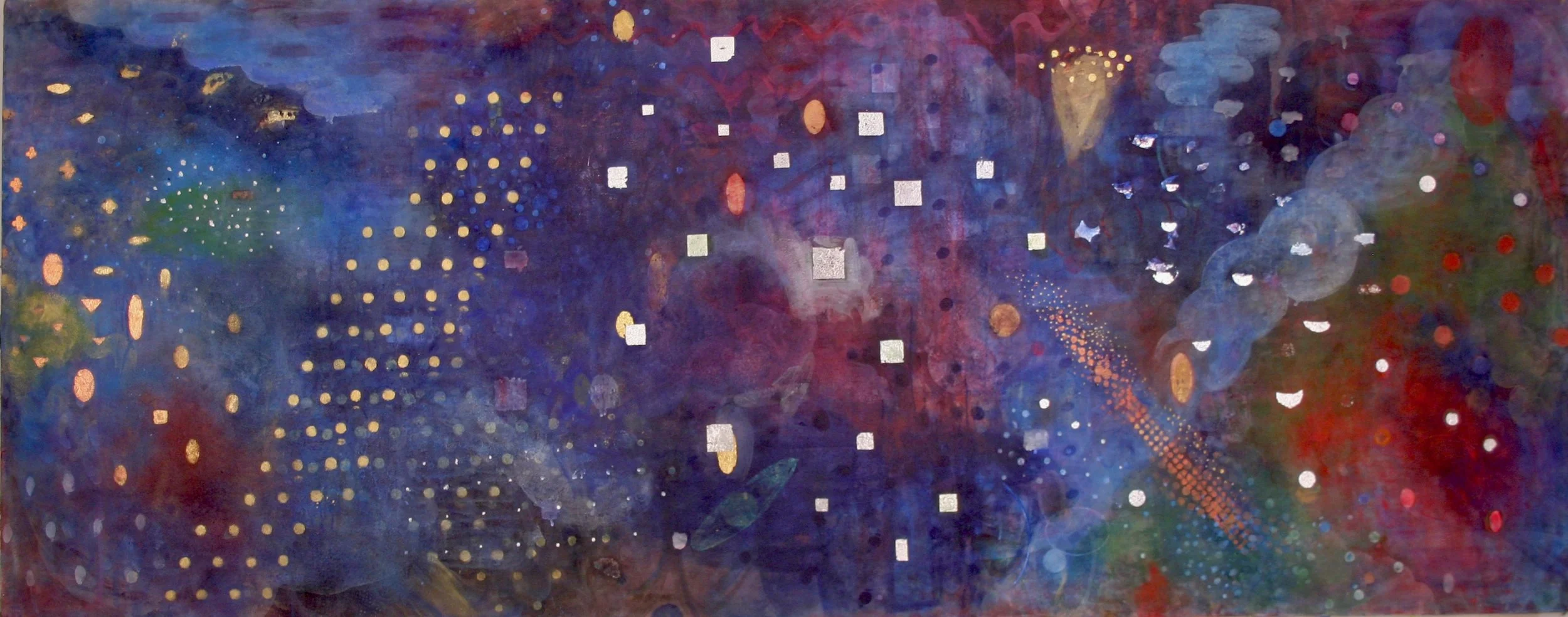   Cassiopeia , 2019, Acrylic and metal leaf on canvas, 38” x 96”(available) 