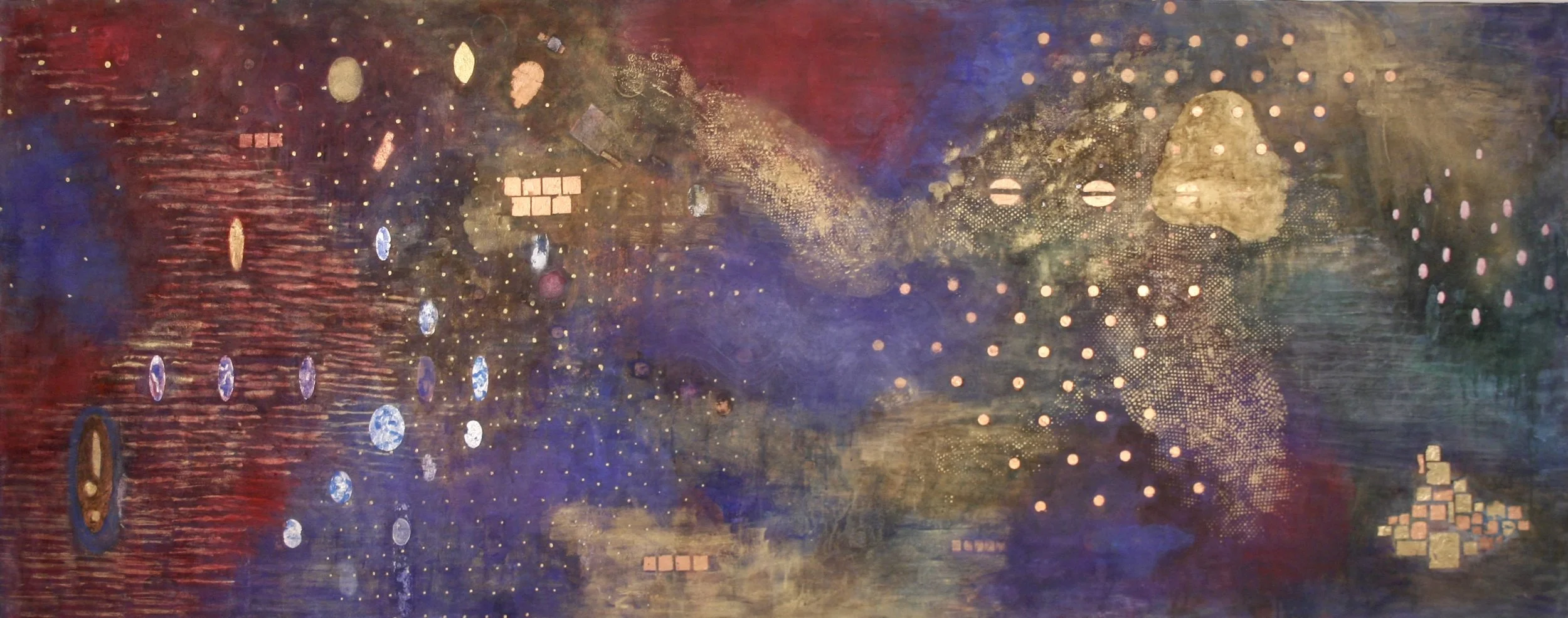   Orion , 2019, Acrylic and metal leaf on canvas, 38” x 96” (available) 