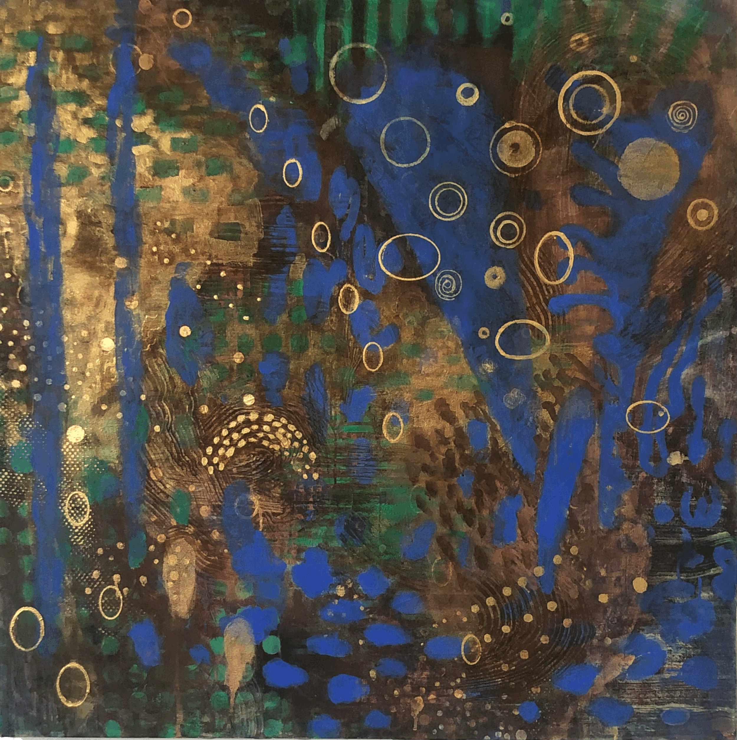   Her Holy Modal Majesty,  2022, metal leaf and acrylic/canvas, 42” x 42” (available) 