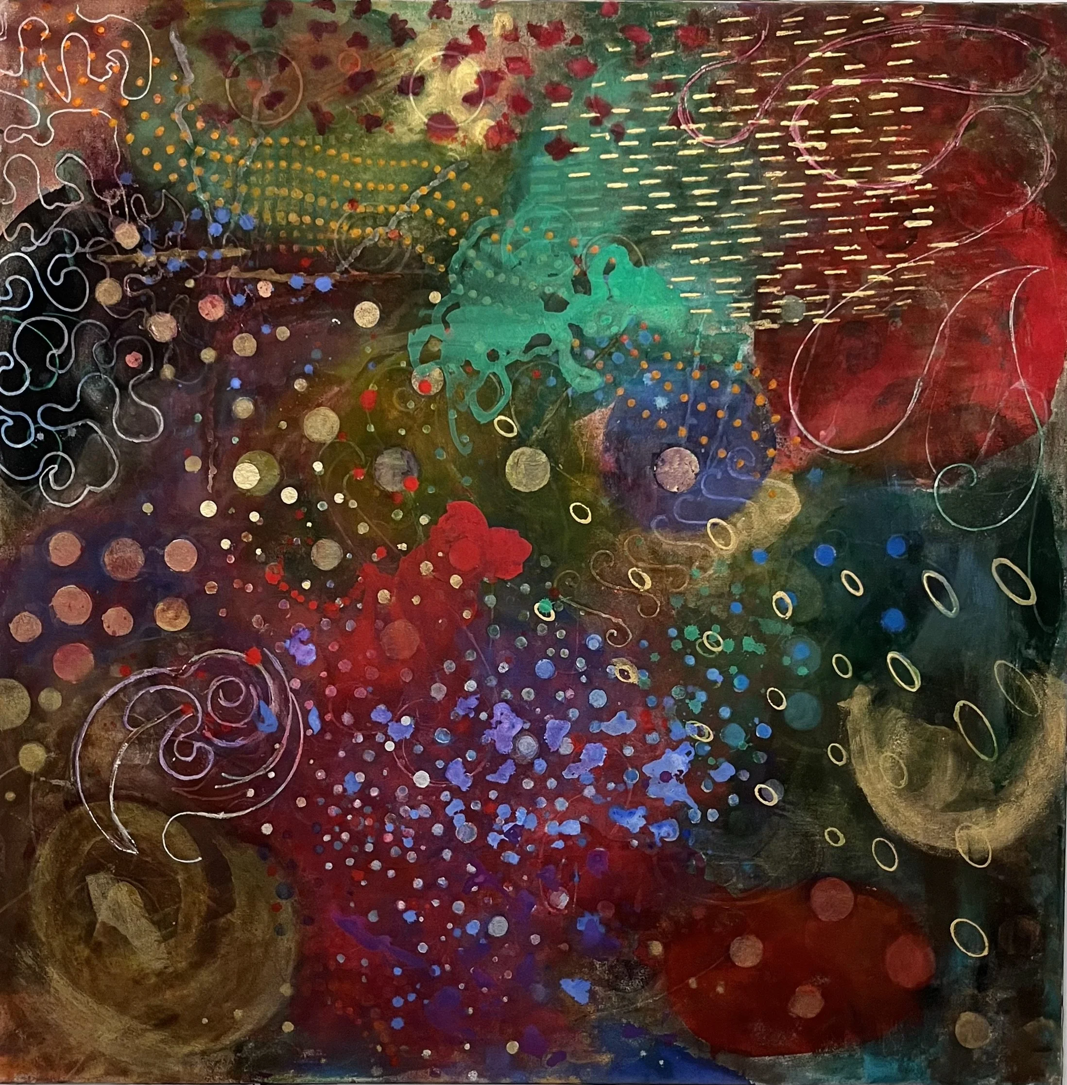   The Best of All Possible Worlds,  2023, acrylic/metal leaf on canvas, 42” x 42” (available) 