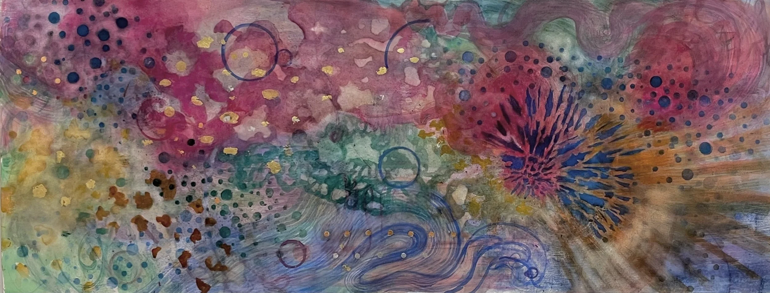   Ballycastle,  2023, watercolor and metal leaf on Rives BFK, 21” x 55” 