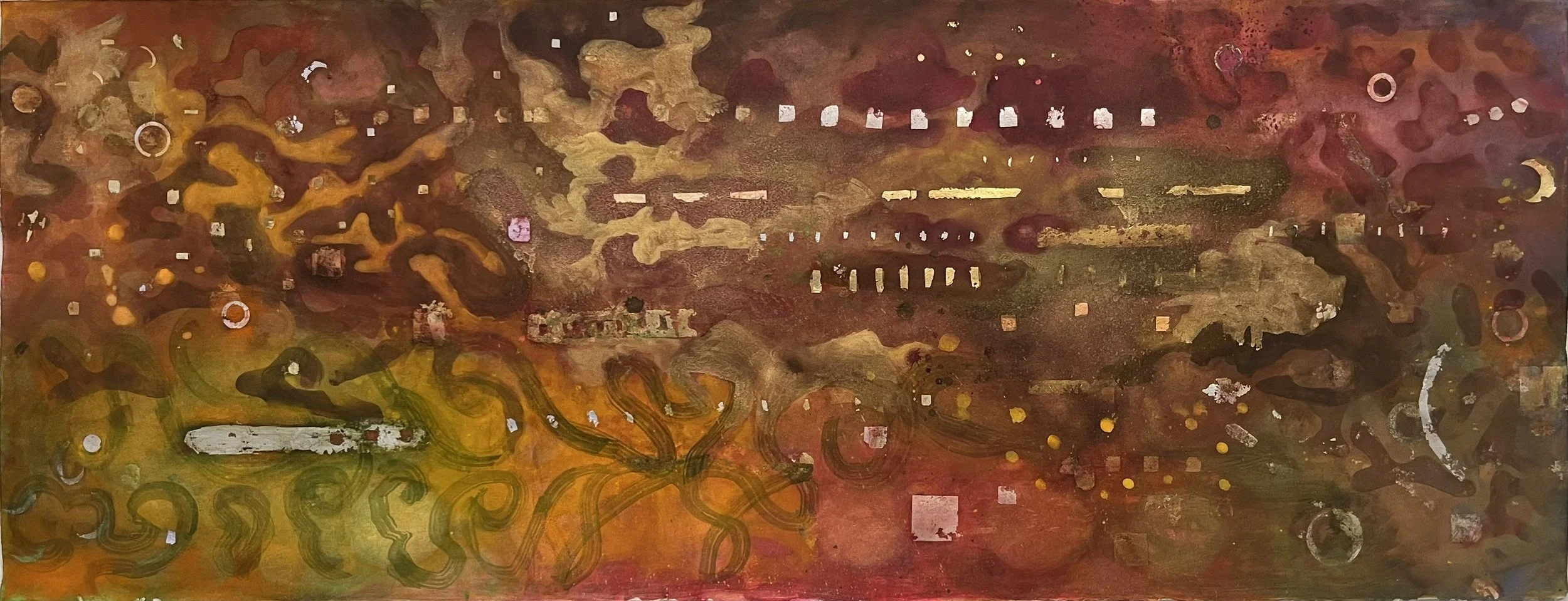   Eclipse,  2025, watercolor and metal leaf on Rives BFK, 21” x 55” 