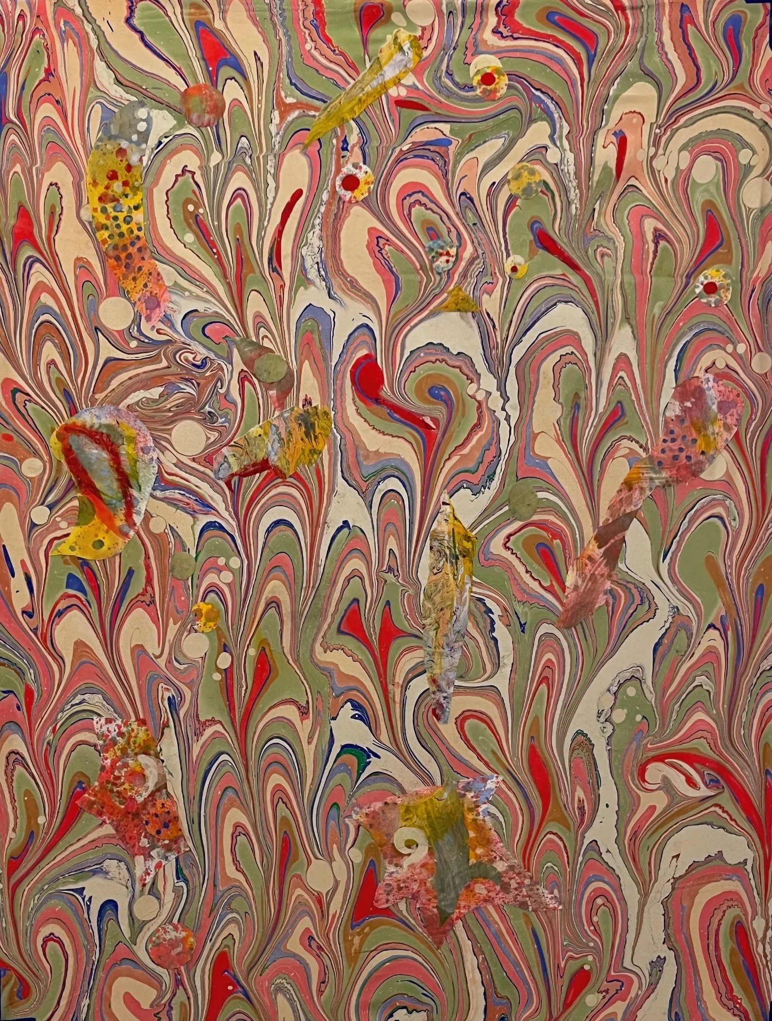  2025, acrylic and fabric on canvas, metal leaf, 56” x 42” 