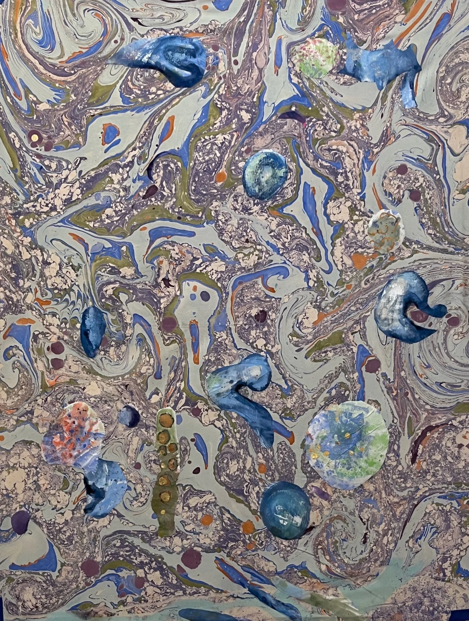  2025, acrylic and fabric on canvas, metal leaf, 56” x 42” 