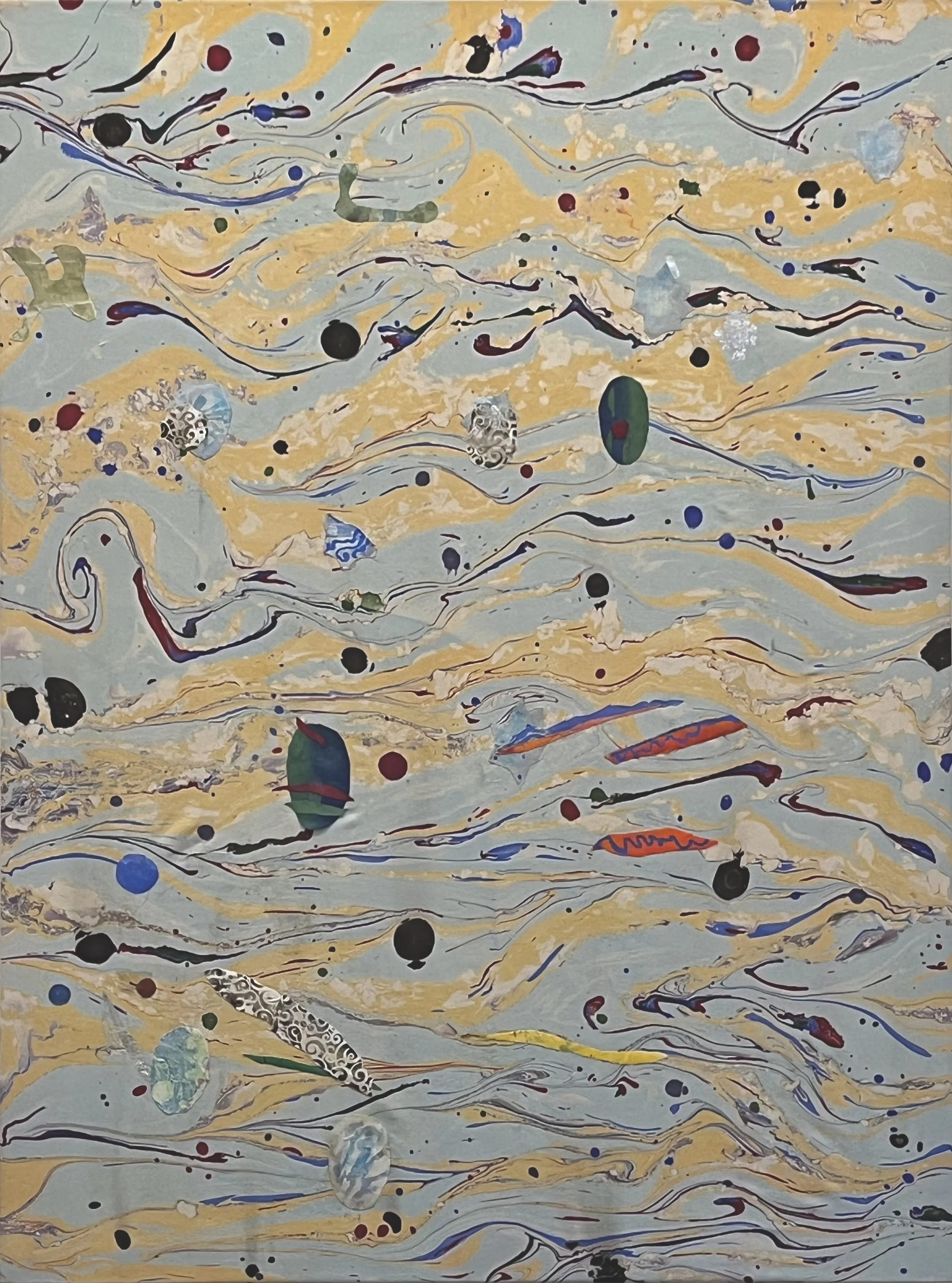  2025, acrylic and fabric on canvas, metal leaf, 56” x 42” 