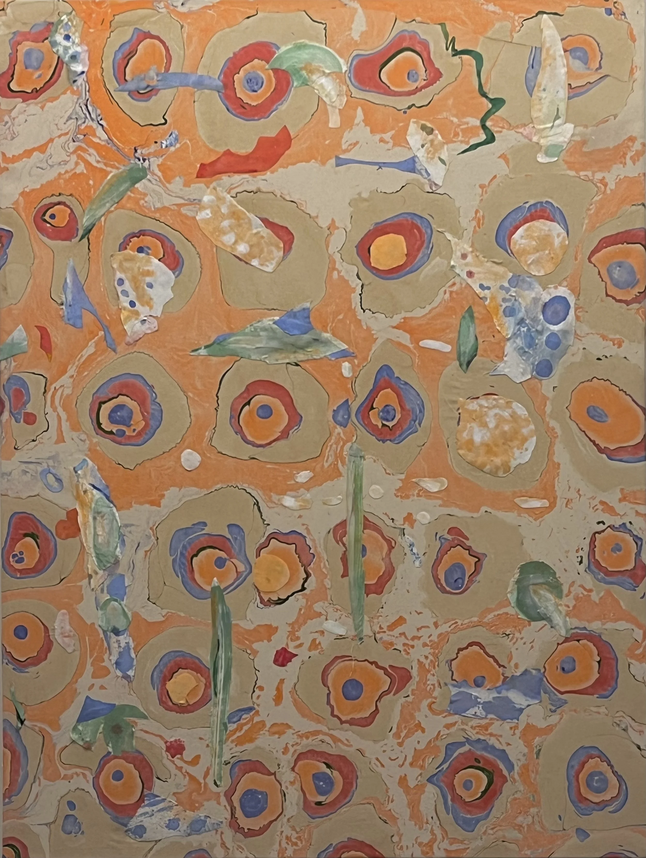  2025, acrylic and fabric on canvas, metal leaf, 56” x 42” 