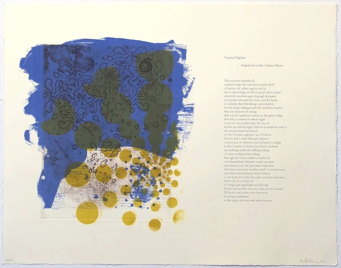  Birdlands, Yucatan Nightjar  2014. A portfolio of five prints with images by Ken Buhler and poems by Cecily Parks. Lithography, etching, letterpress. Paper Size: 23.5 x 30 in. Edition of 20.  (available) 
