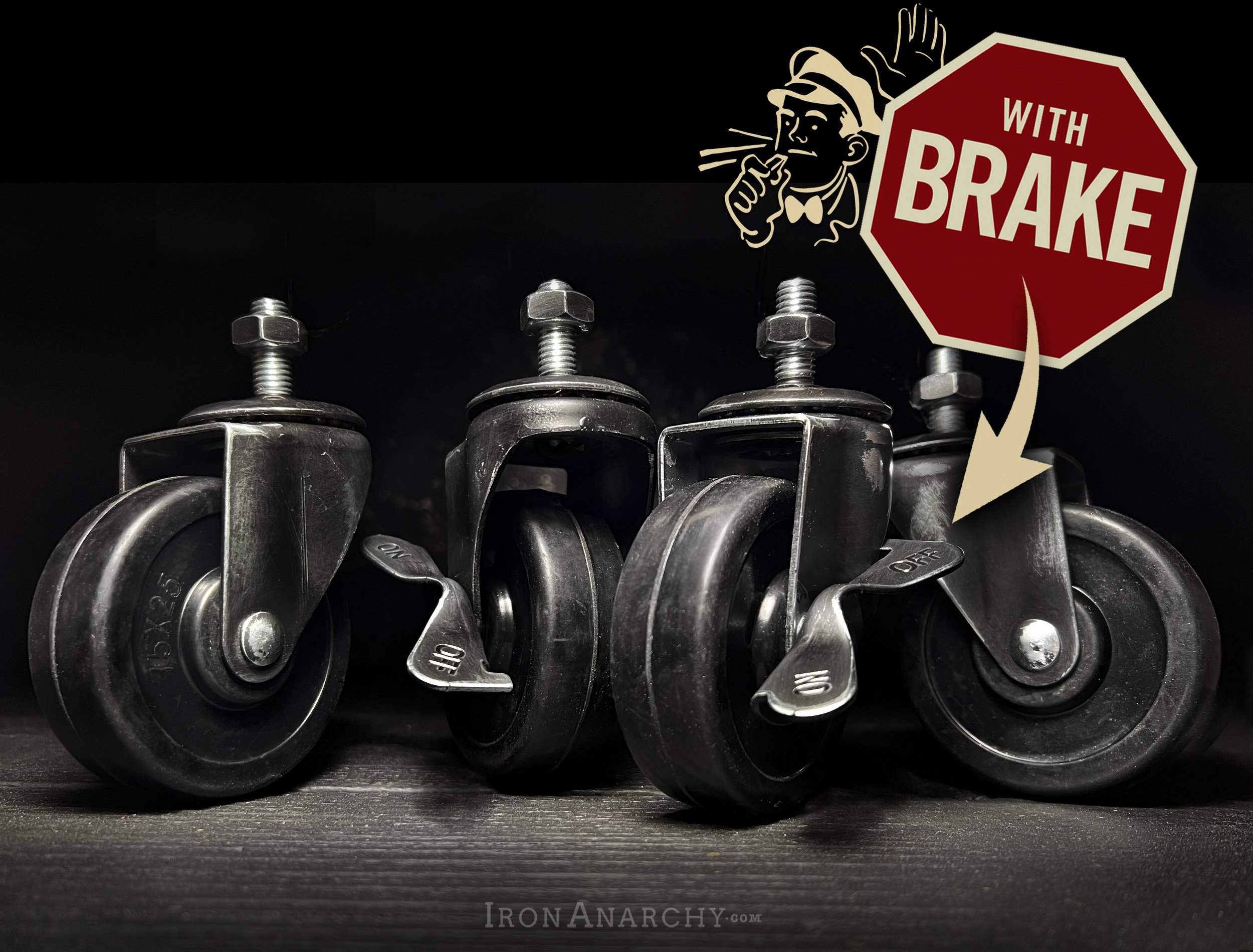 Black RUBBER STEM Casters With Brakes Black