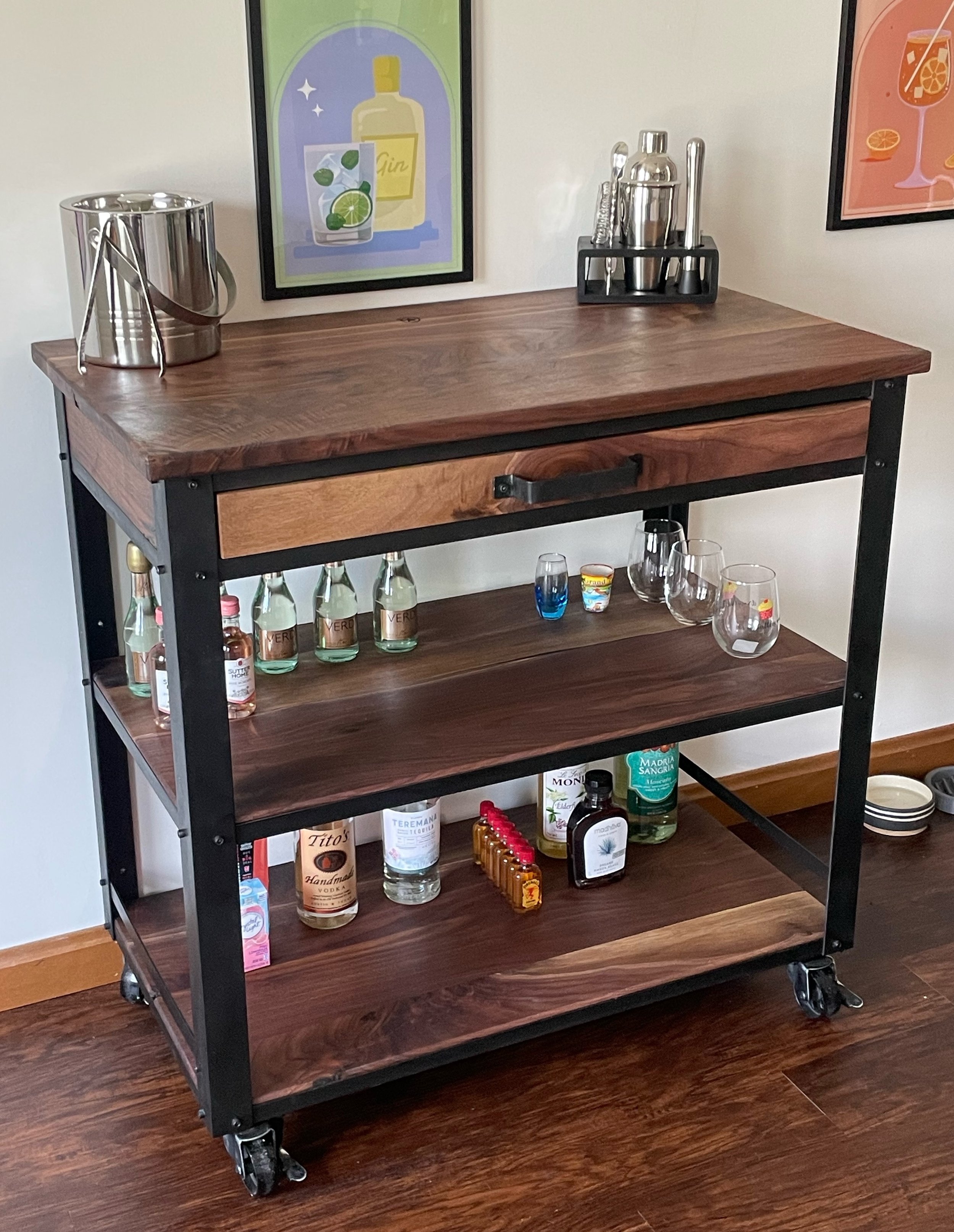 Bar cart with black casters with brakes