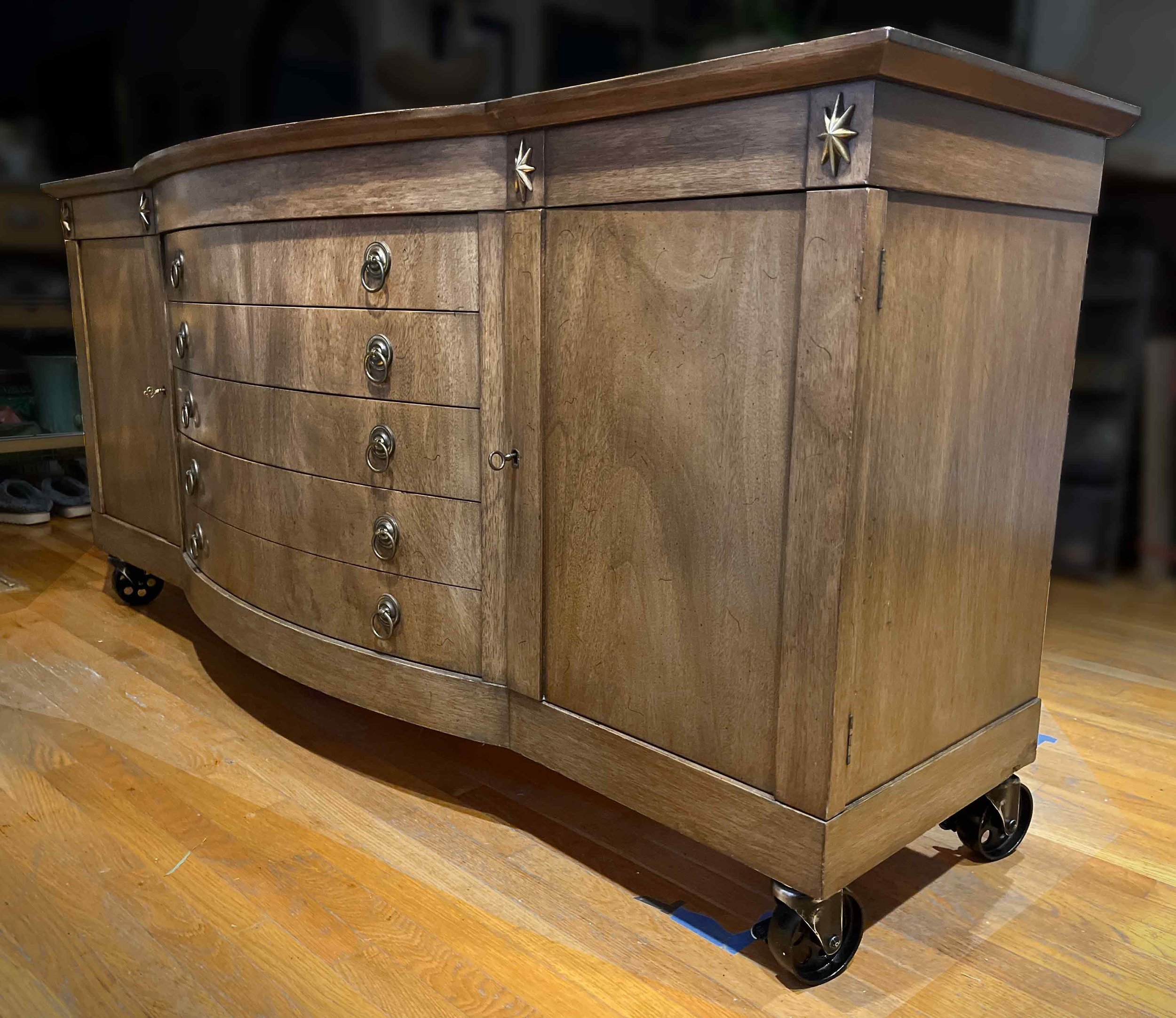 Kitchen Island with black casters with brakes