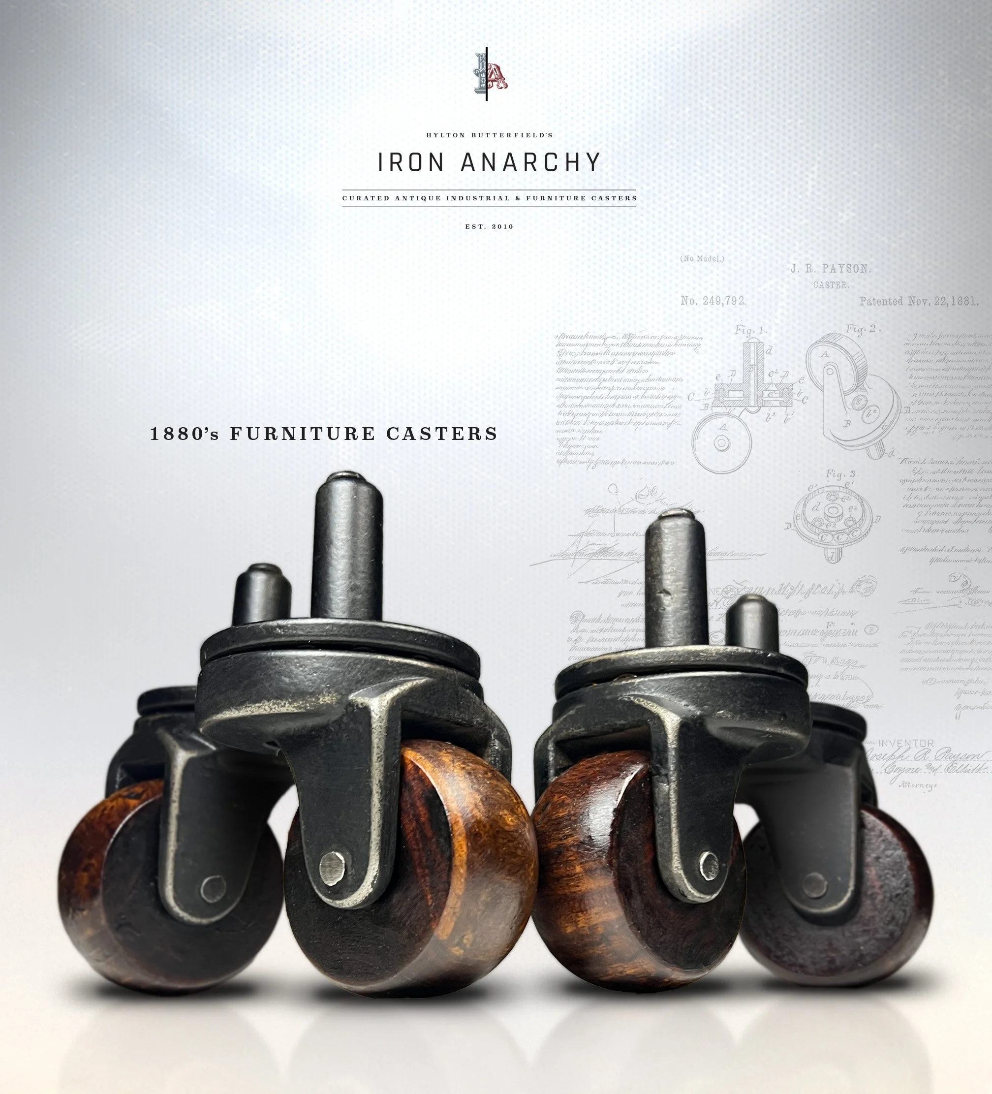 Antique Industrial Furniture Stem Casters, Wood Wheels