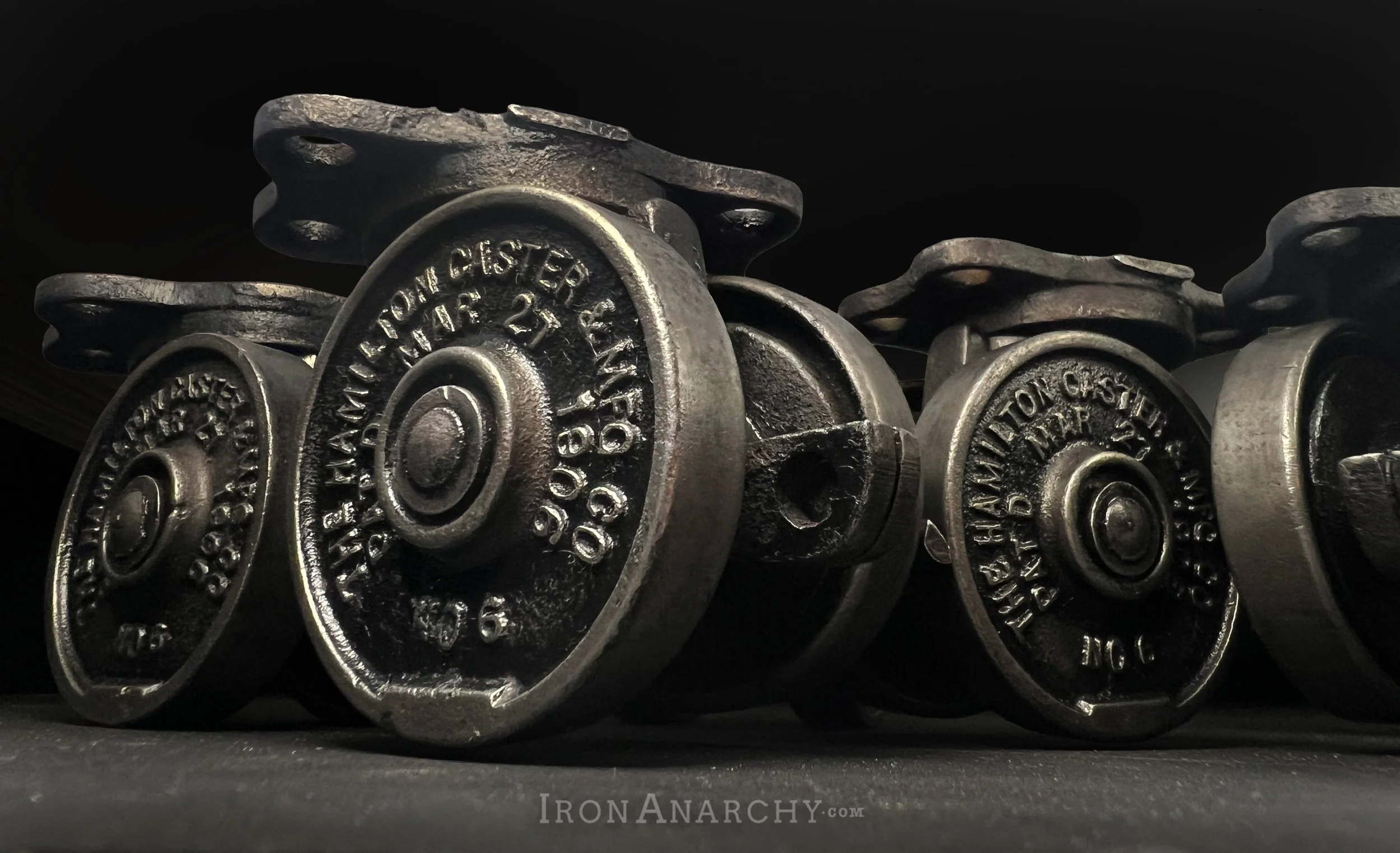 Set of antique industrial factory cart casters for a bar cart, dining table, coffee table or cabinet. Vintage cast iron caster wheels for furniture.