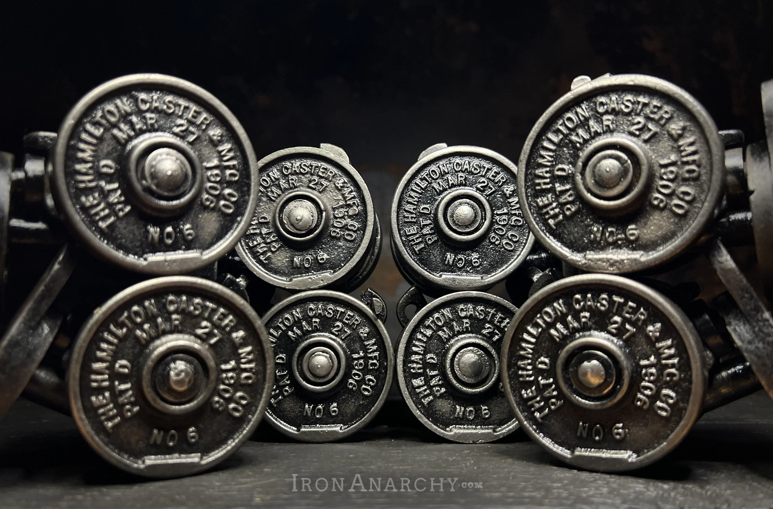 Set of antique industrial factory cart casters for a bar cart, dining table, coffee table or cabinet. Vintage cast iron caster wheels for furniture.