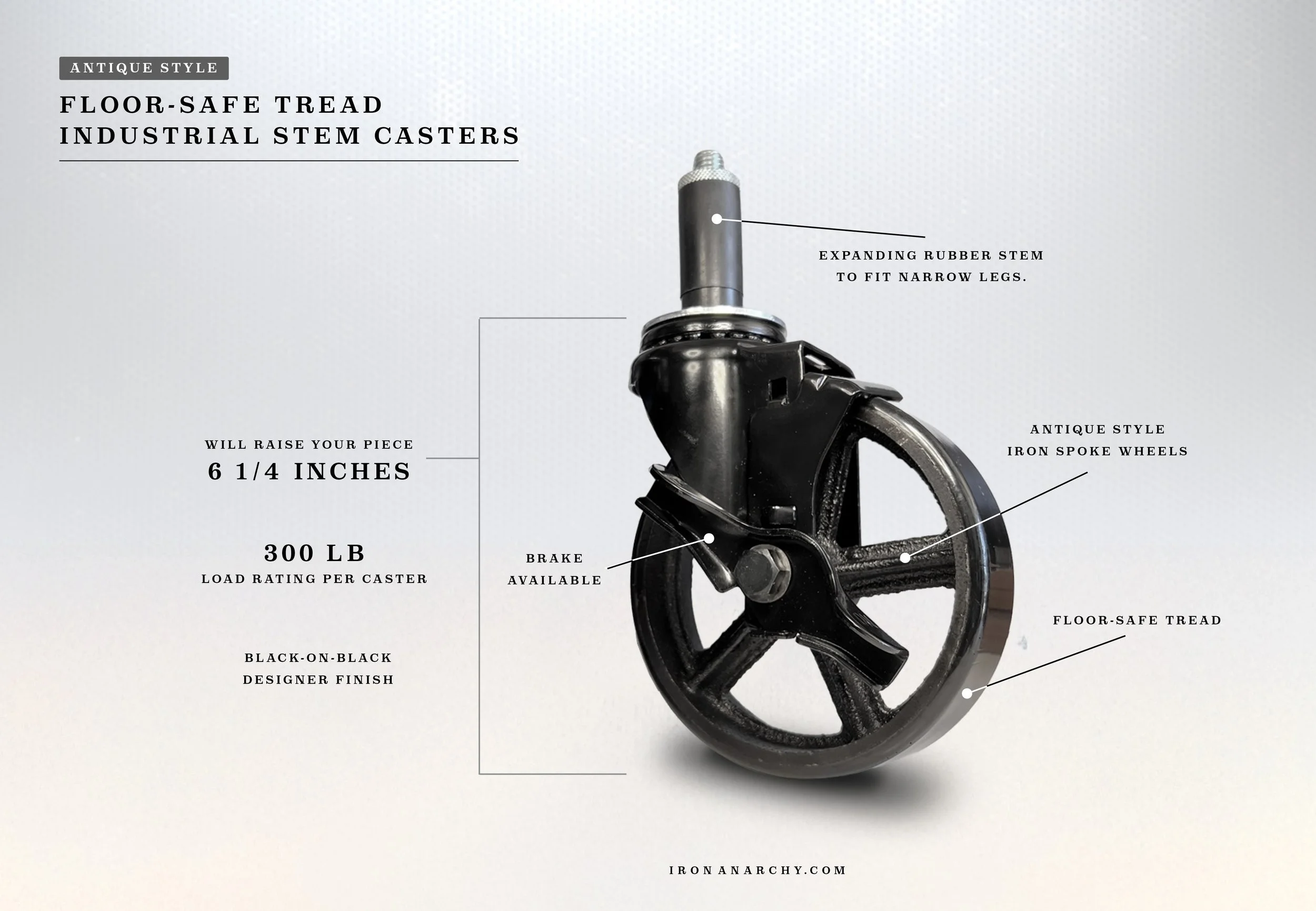 Buy 6" Antique Industrial Stem Casters | Floor-Safe &amp; Brakes