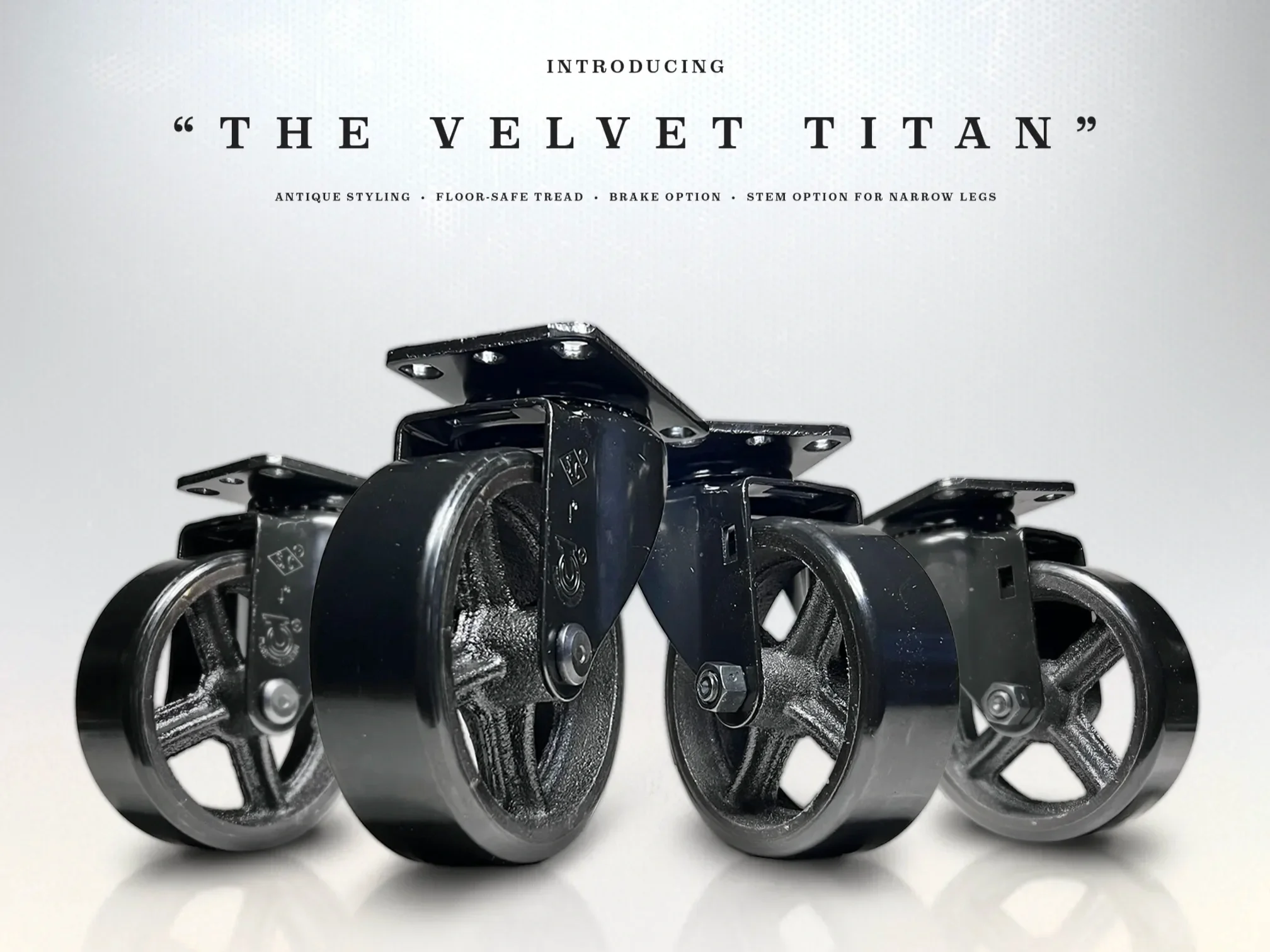 Velvet Titan spoked cast iron casters with optional brake and expanding stem