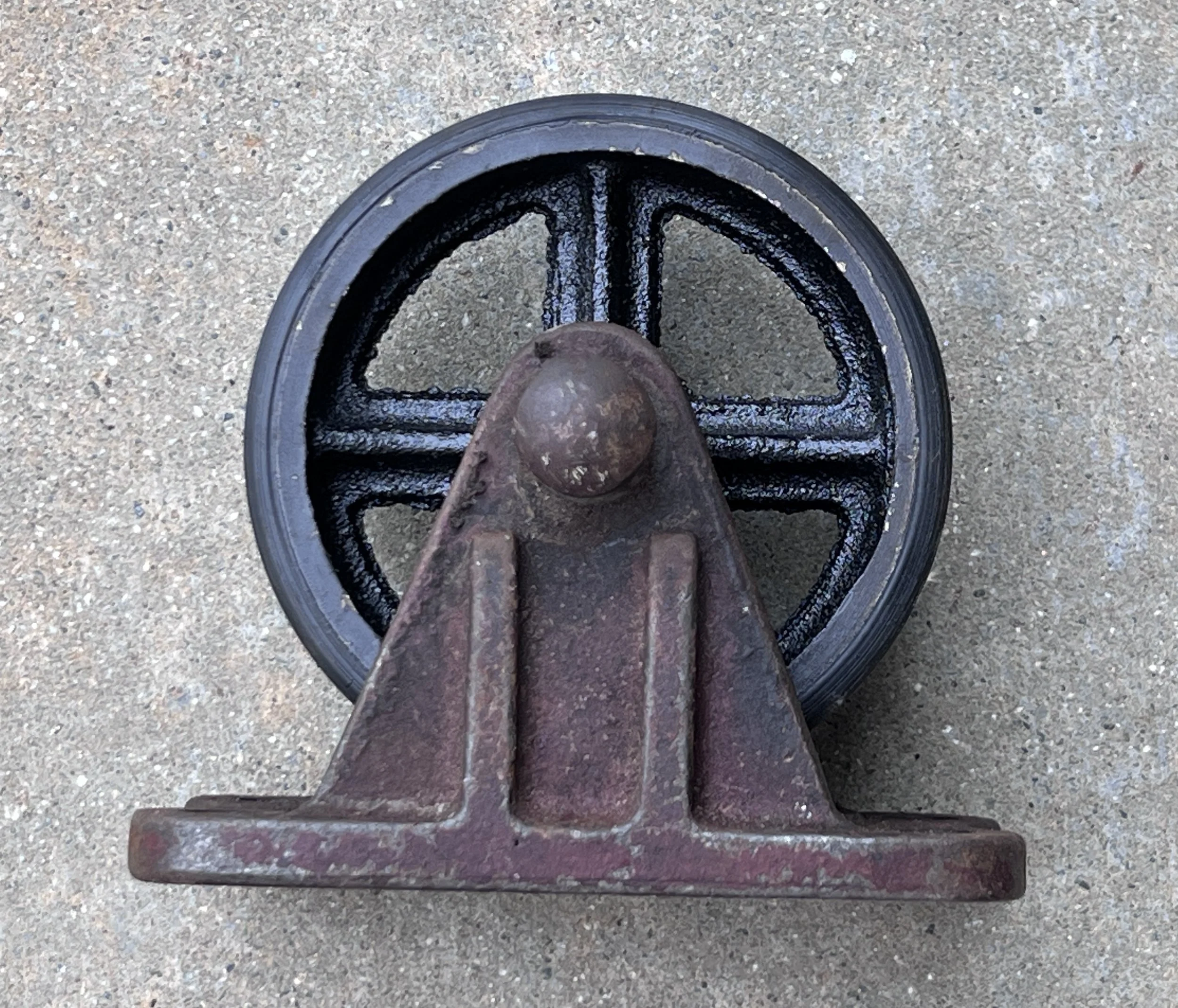 New cast iron spoked wheel with non-marking rubber tread added to your forks.