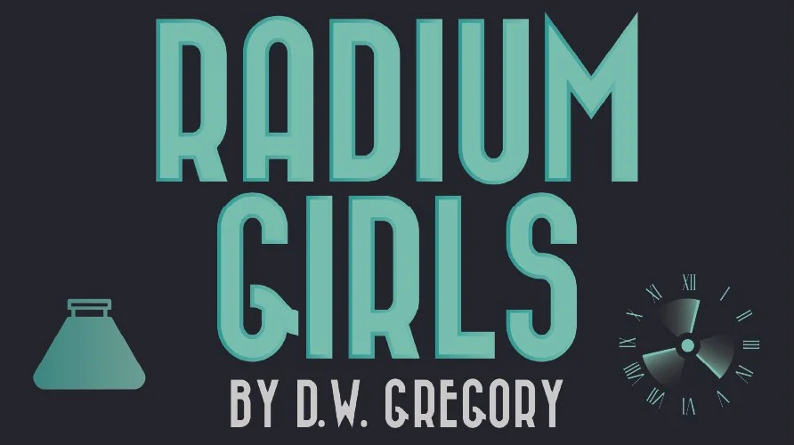 Radium Girls Logo (By D.W. Gregory) Sea Green on black background with a radioactive looking lock and an ink vile toward the bottom of the image.