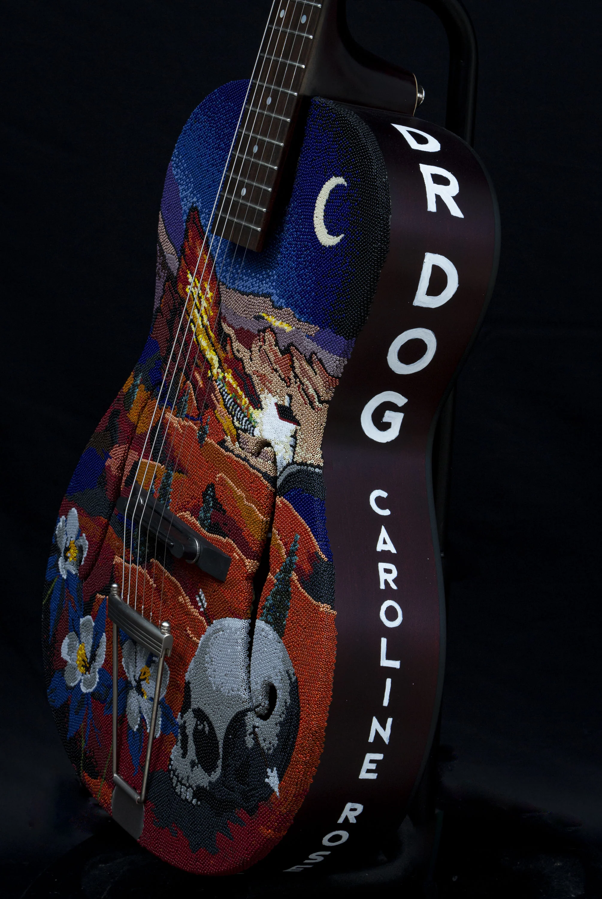  “Shakey Graves, Dr. Dog, Caroline Rose “ Handpainted on the side of the guitar. 