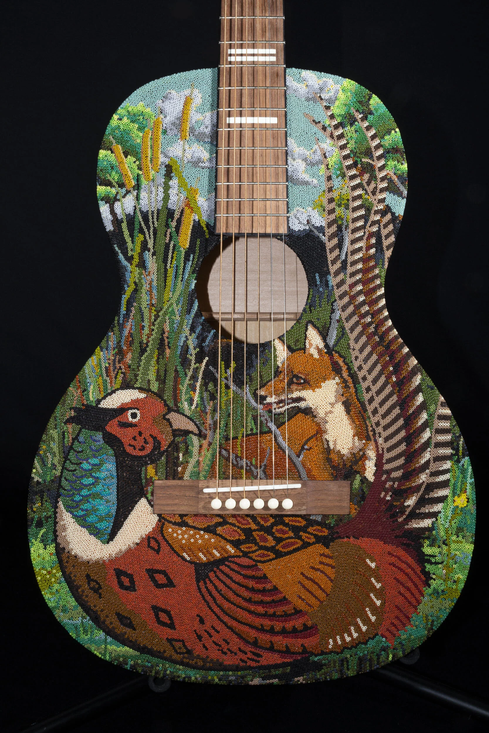  ‘Pheasant Vs. Fox’  By-Carter Watkins 2019  seed beads, beeswax, on acoustic ‘parlor’ guitar 