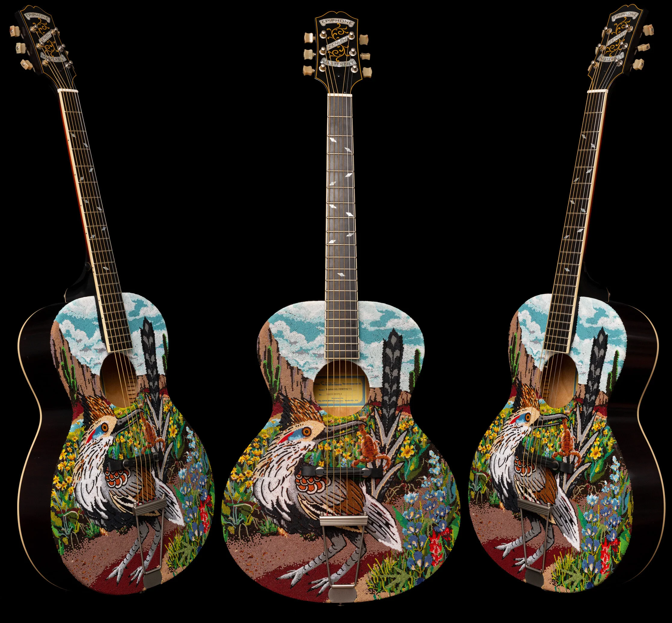  Roadrunner VS. Scorpion  Seed beads, Beeswax on an Epiphone Zenith Masterbilt 2020 