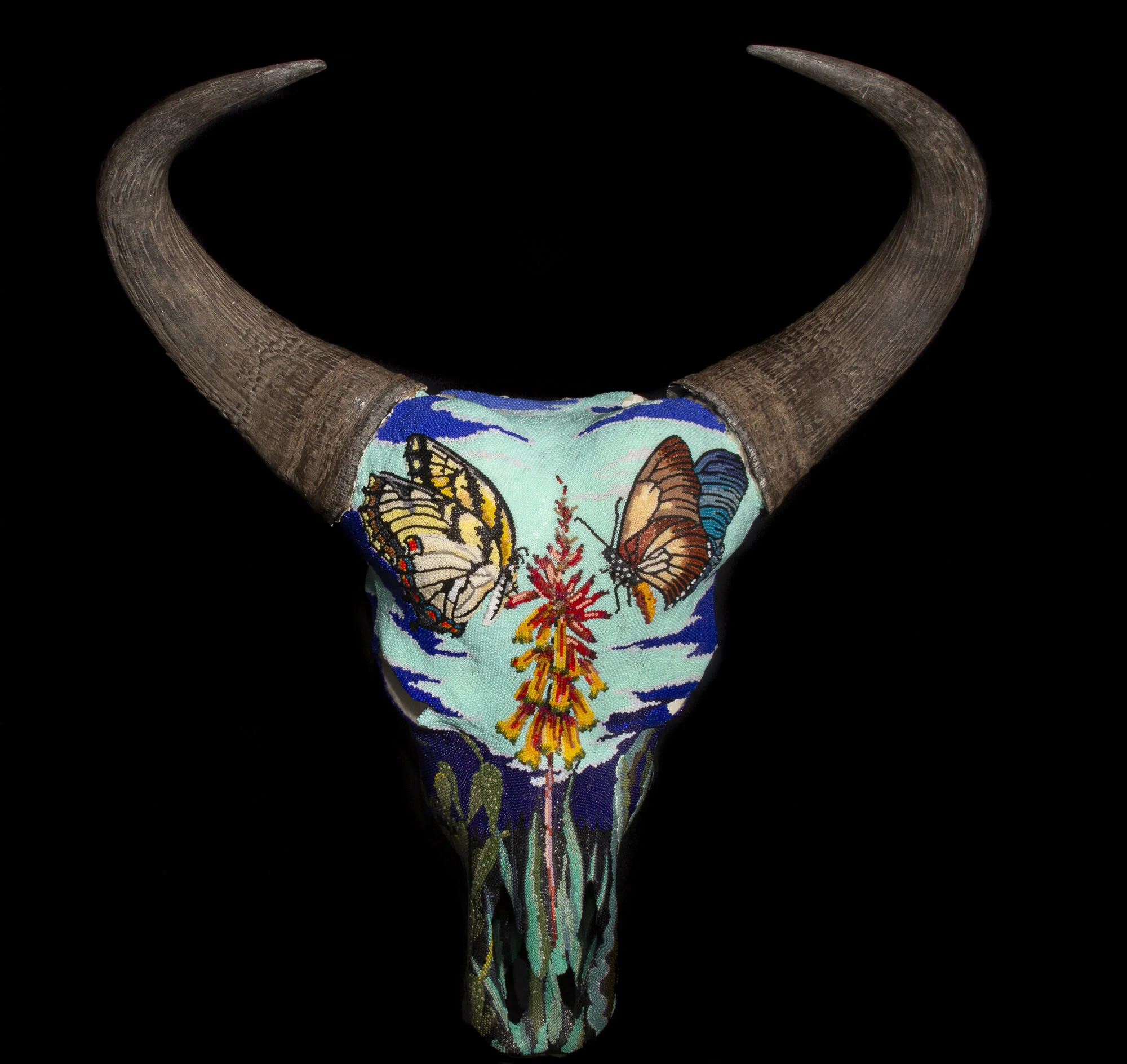  Butterflies &amp; Succulents Cape Buffalo 2020  24” X 26” X 12”  Seed beads, Beeswax, on Cape Buffalo Skull 