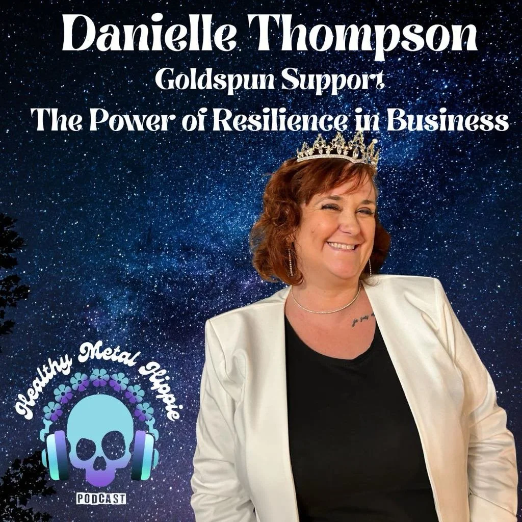 Woman smiling with a tiara, white blazer, and black shirt against a starry night sky background, with text about Danielle Thompson and a logo for the 'Healthy Metal Geek' podcast.