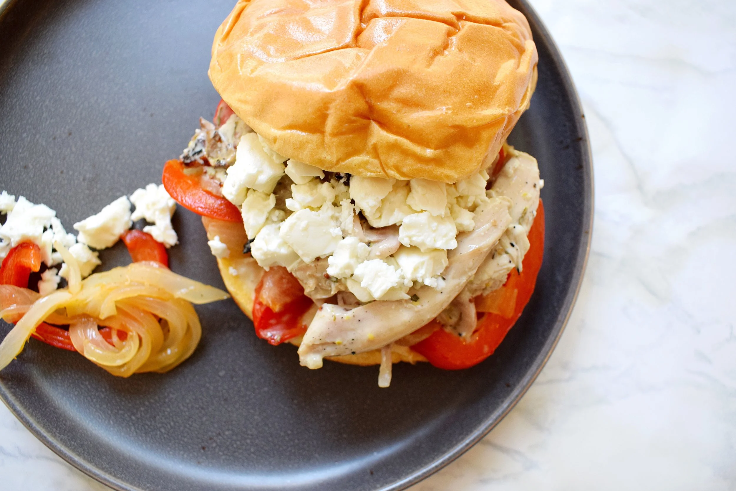 Creamy Feta & Caramelized Onion Shredded Chicken  Sandwich