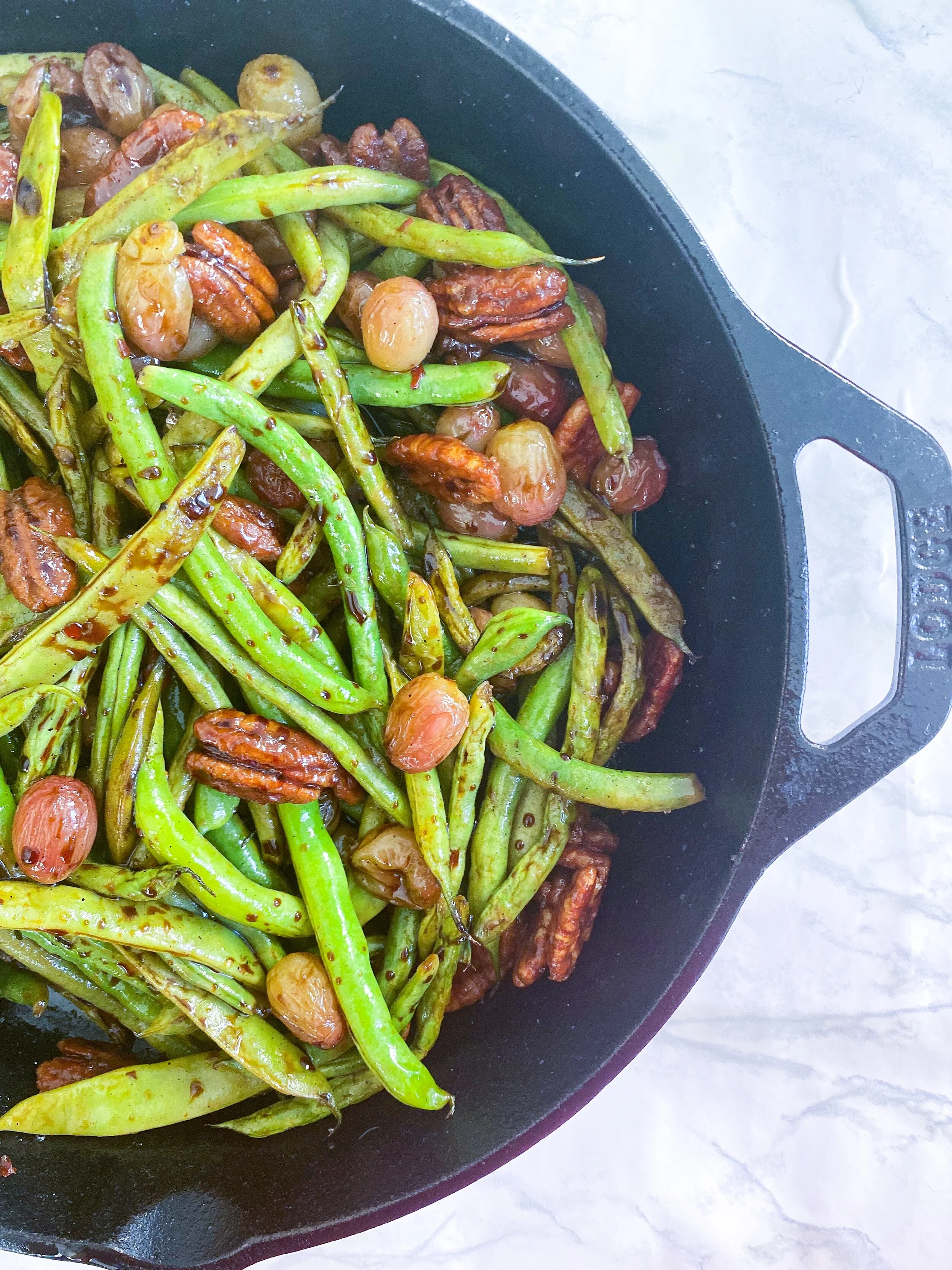 Sweet and Savory Green Bean, Roasted Grape and Candied Pecans 