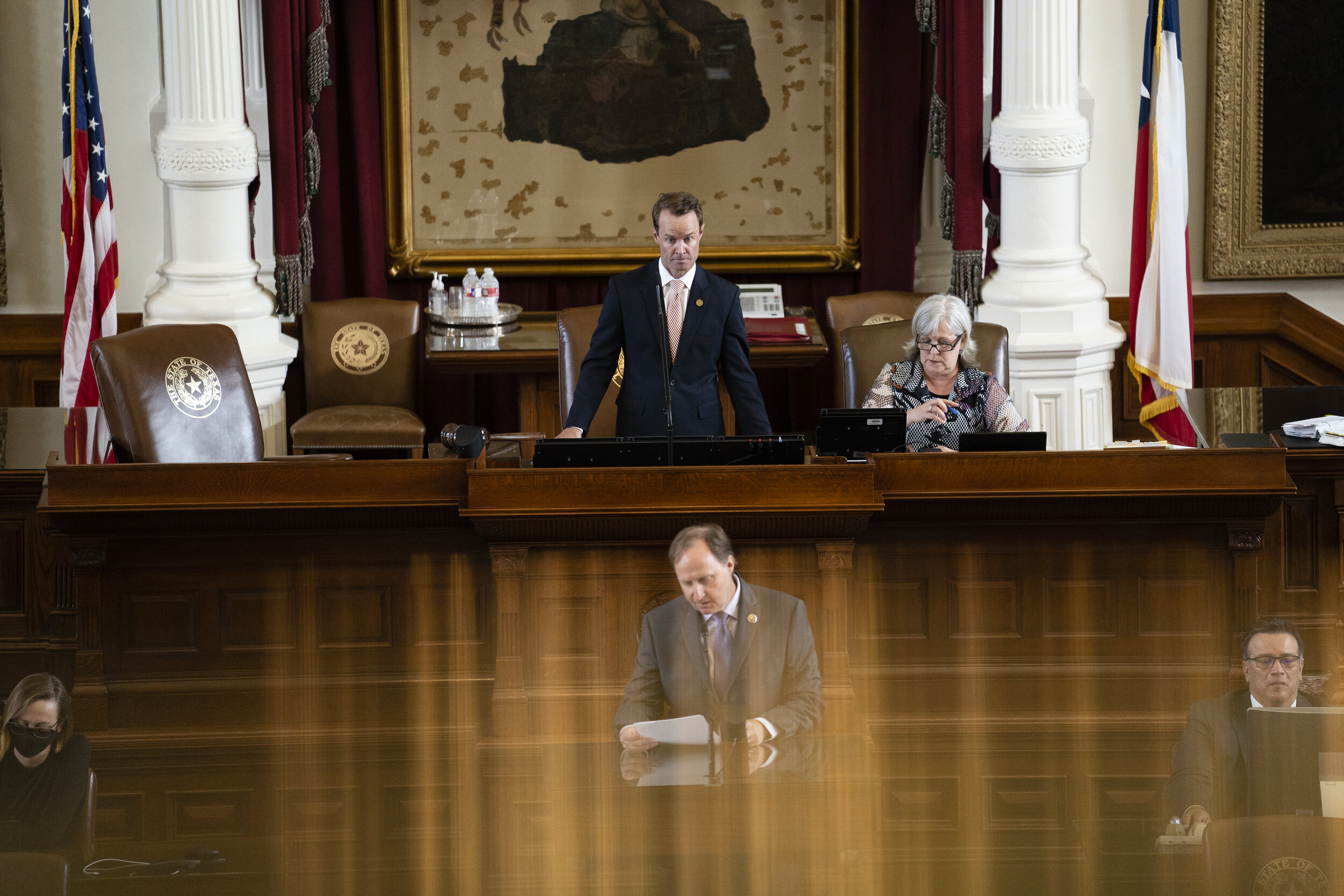  Speaker of the Texas House of Representatives Dade Phelan presides over  the floor on the opening day of the 87th Legislative Special Session at the Texas Capitol on July 8, 2021. 