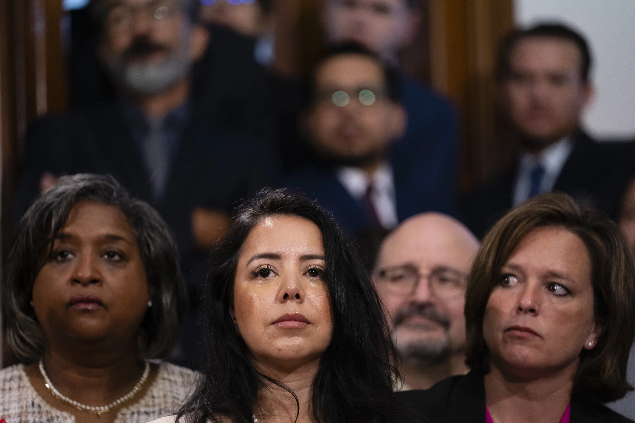  State Rep. Rhetta Bowers, Rep. Victoria Neave, and Rep. Ann Johnson, stand at a press conference held by the House Democratic Caucus on opening day of the 87th Legislative Special Session at the Texas Capitol on July 8, 2021. 