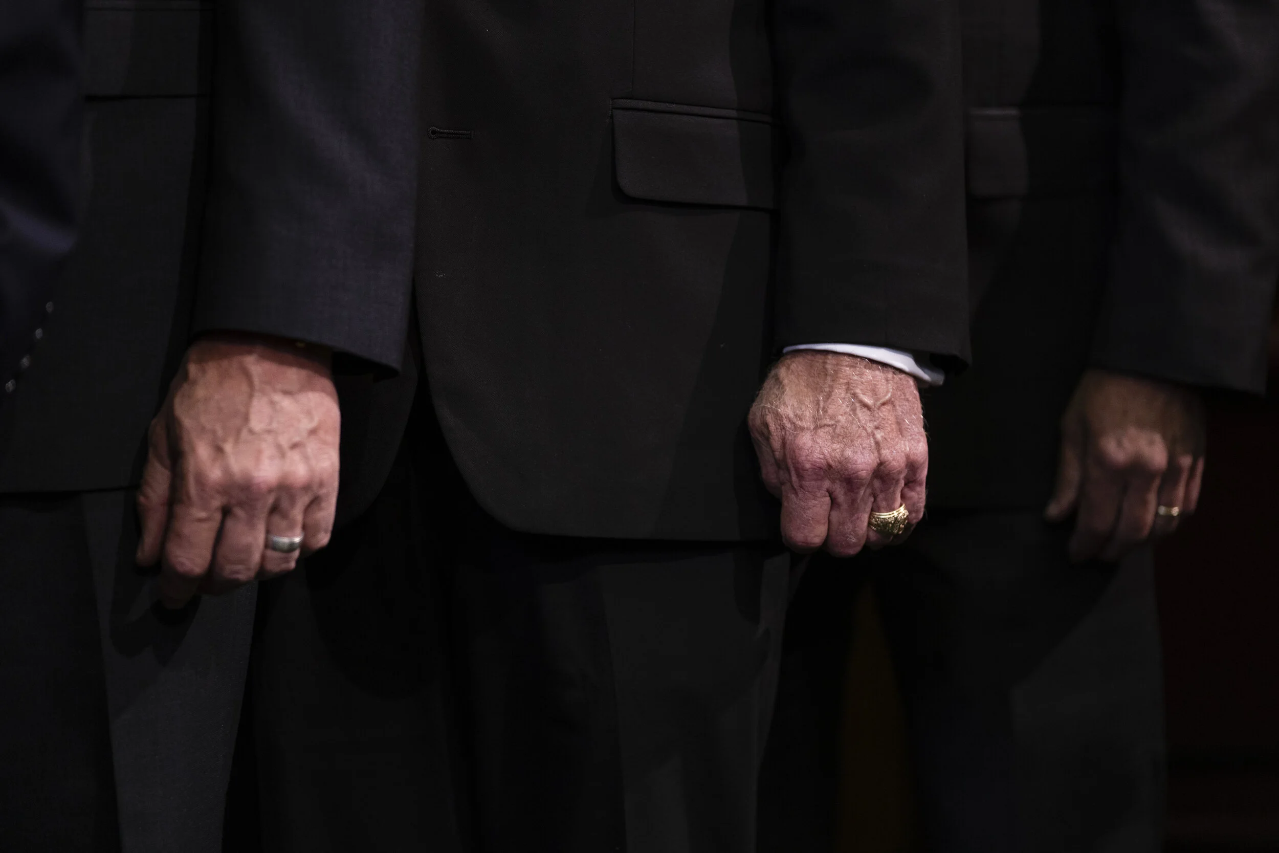  Texas Senate Republicans stand during a press conference at the Texas Capitol on July 14, 2021. 