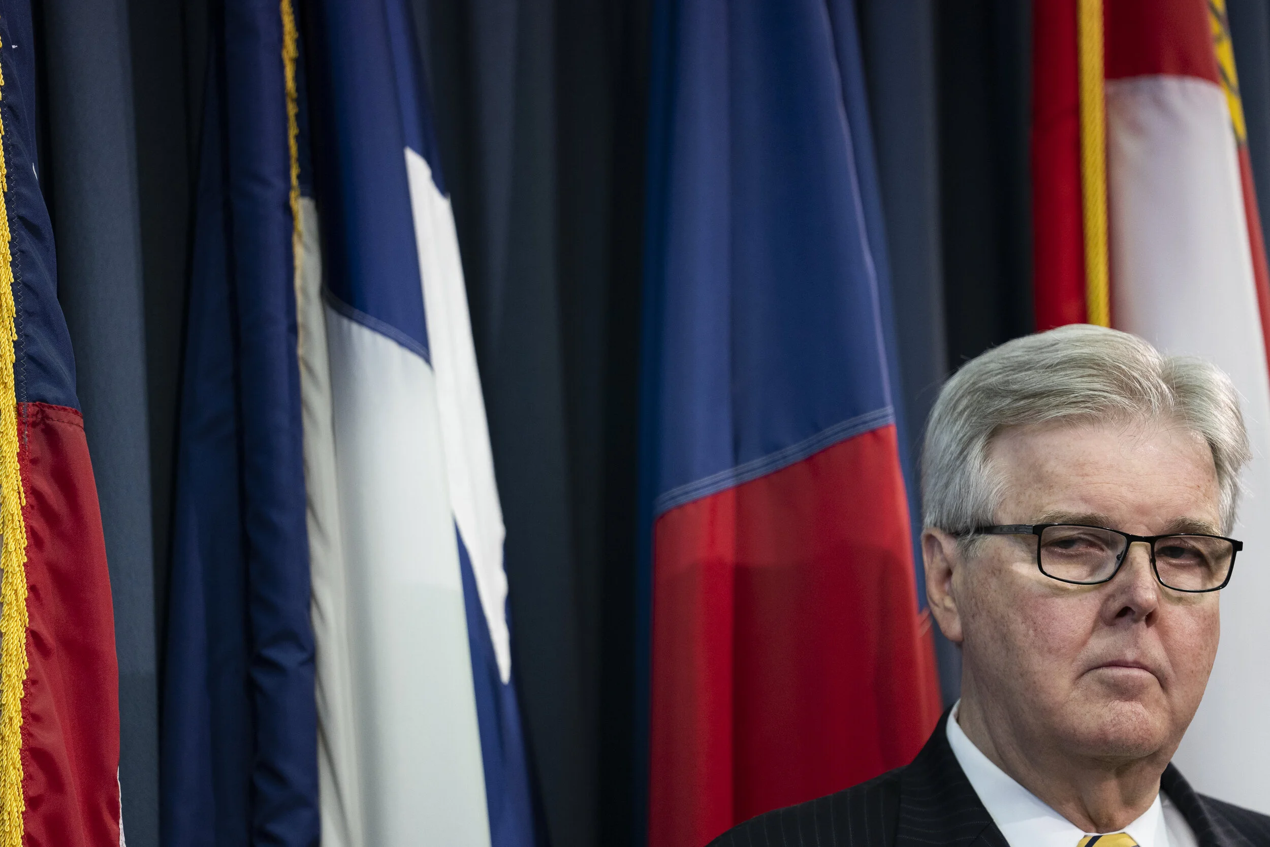  Texas Lt. Gov. Dan Patrick stands at a press conference held regarding Democrats breaking quorum and voting legislature at the Texas Capitol on July 21, 2021. 