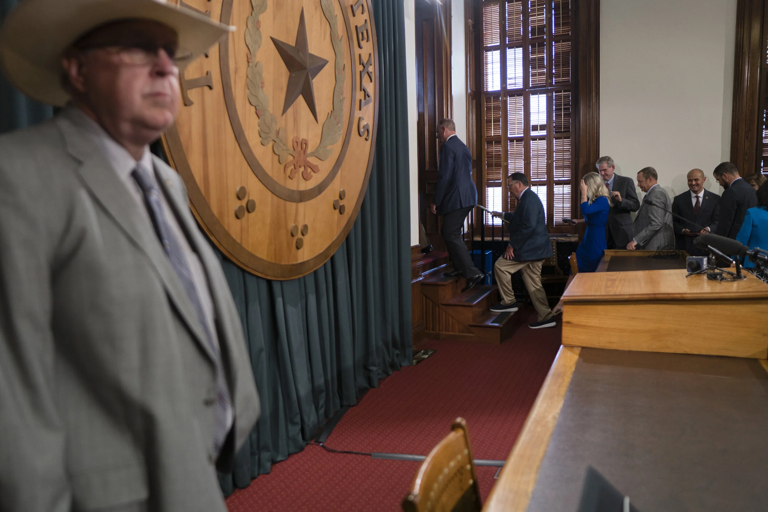  Texas House Republicans leave a briefing on 13th check legislation at the Texas Capitol on July 14, 2021. 