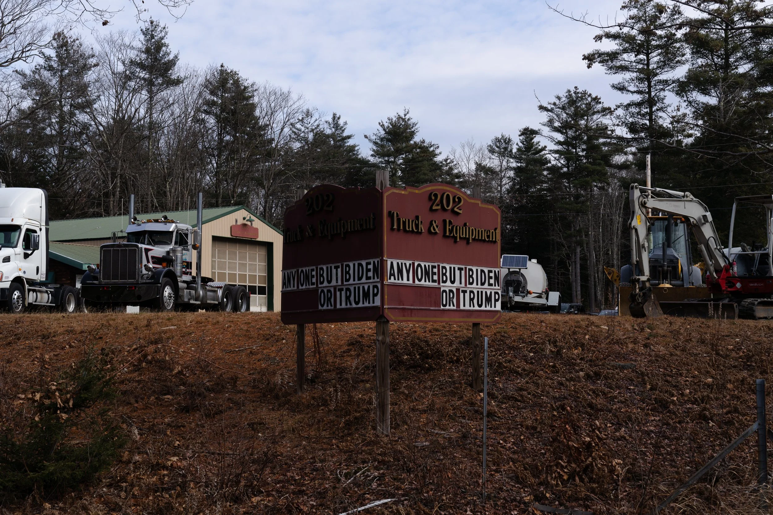  A sign reads “Anyone But Biden or Trump” in Rindge, NH on Dec. 7, 2023.  