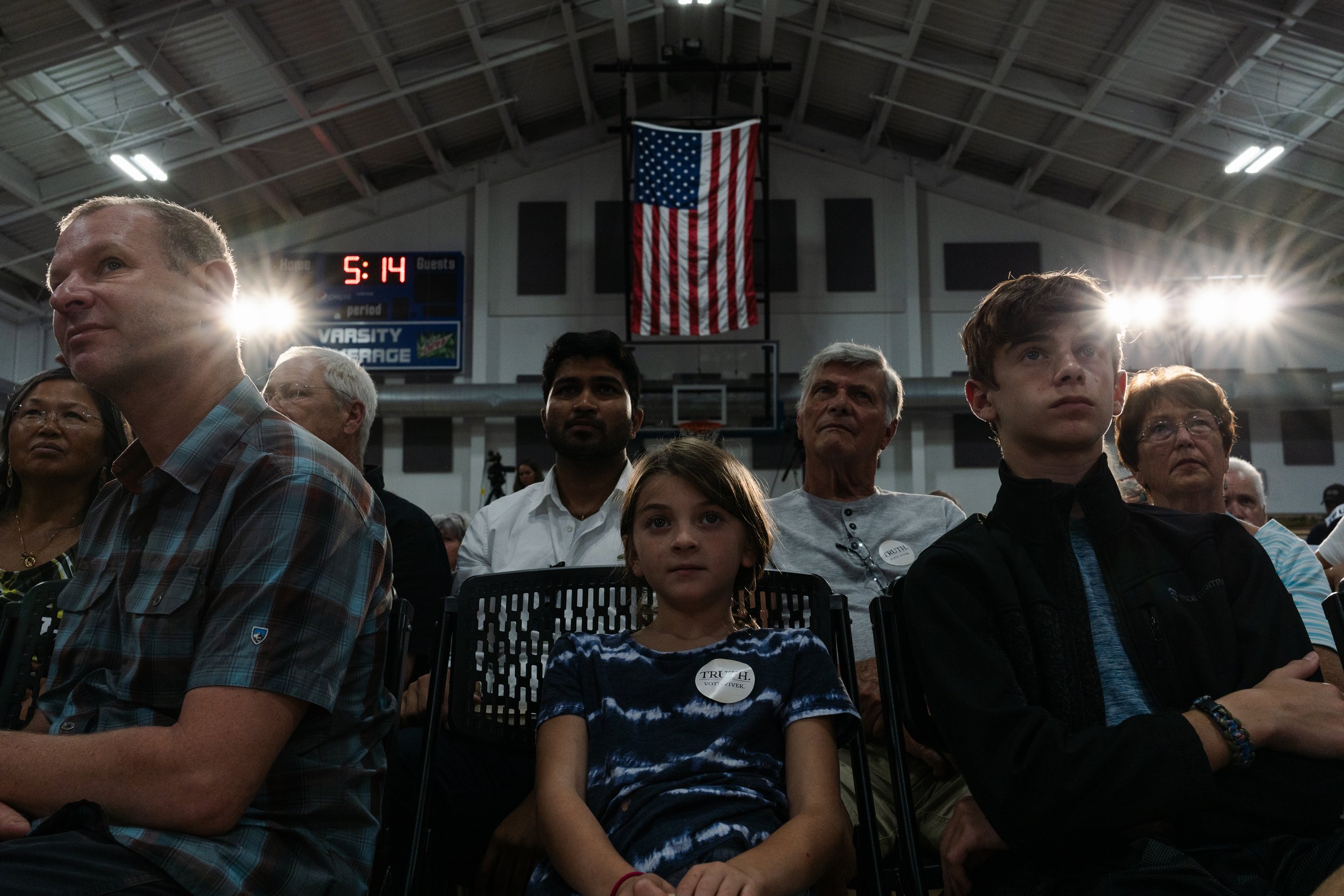  People listen to GOP candidate Vivek Ramaswamy speak at a town hall hosted with Mt. Washington Valley Republicans in Conway, NH on Sept. 3, 2023. 