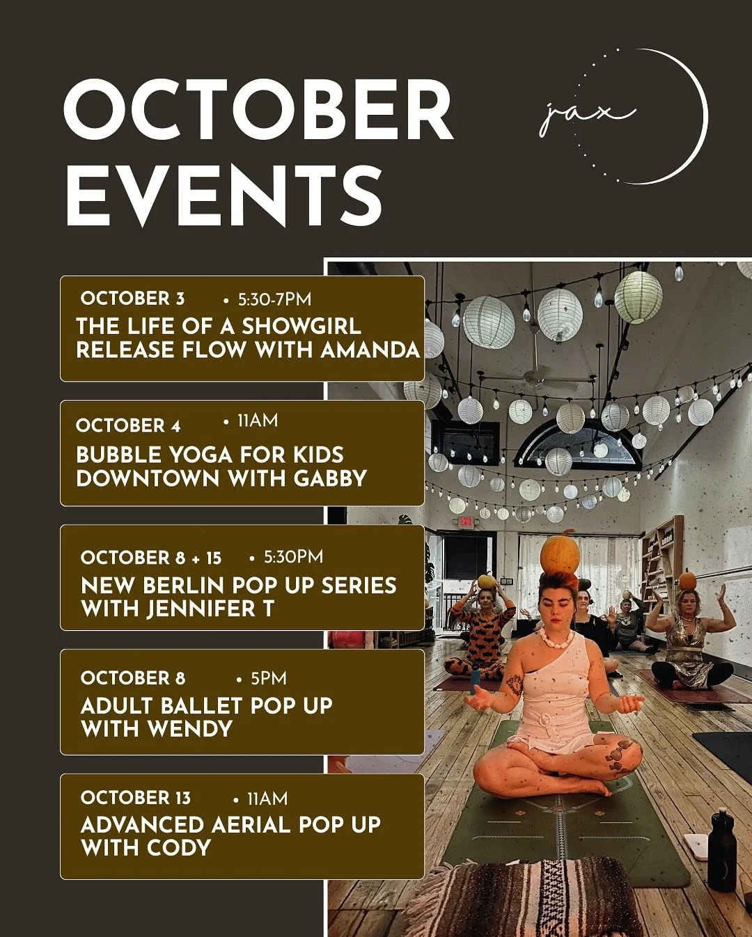 🍂✨ OCTOBER AT JAX ✨🍂

Our fall calendar is packed with ways to move, connect, and enjoy the season with your Jax community. From kids&rsquo; bubble yoga at the @downtownjacksonville celebration to a flow celebrating Tay&rsquo;s new album, to adult 