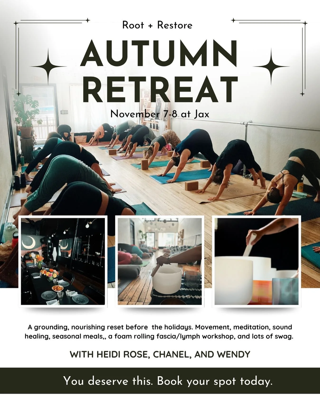 You deserve a weekend to yourself. Root into the season and restore your mind and body before the holiday season.

We invite you to slow down, reconnect, and nurture yourself from the inside out at our Root &amp; Restore Autumn Retreat &mdash; a cozy
