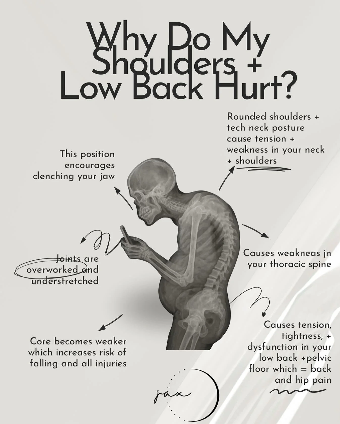 What&rsquo;s scarier than shoulder, hip, and low back pain?
The posture that&rsquo;s causing it. 👀

Rounded shoulders, weak core, tight hips, and a &ldquo;tech neck&rdquo; don&rsquo;t just look uncomfortable; they ARE uncomfortable. The good news? Y