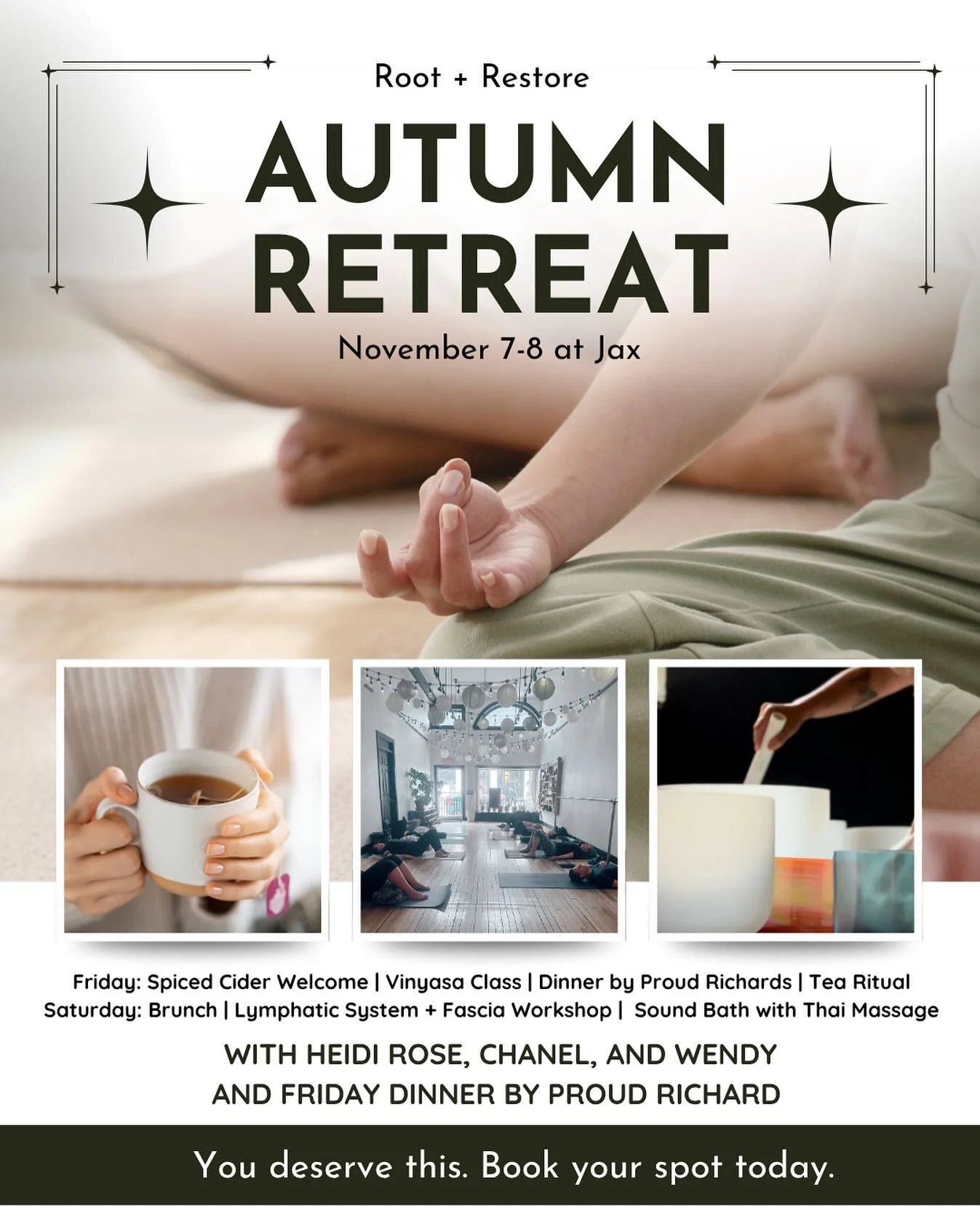 Take a Friday evening and Saturday to root into the season and restore your mind and body as the seasons change and we find ourselves with less daylight and more of a desire to be cozy. 

We&rsquo;ll fill your belly full of warm, cozy seasonal foods 
