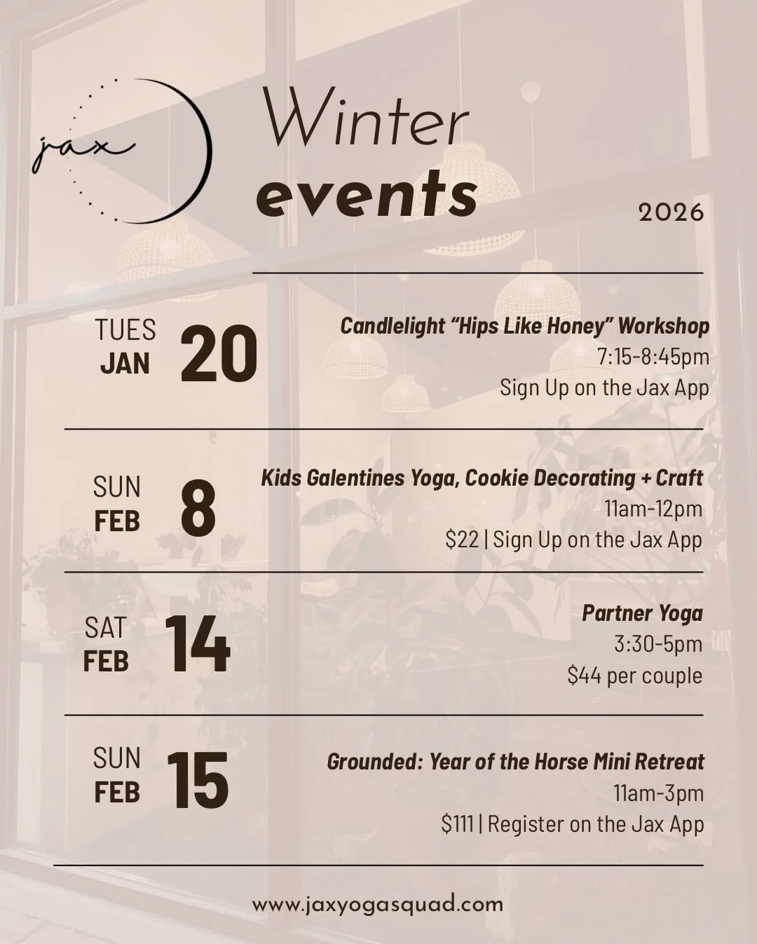 What a beautiful first two weeks in our new space!

Thanks for the warm welcome and making it feel like home already!

Here are some of our upcoming winter events. 

Today and tomorrow ONLY, you can use code WINTER20 to take 20% off any event (or mem